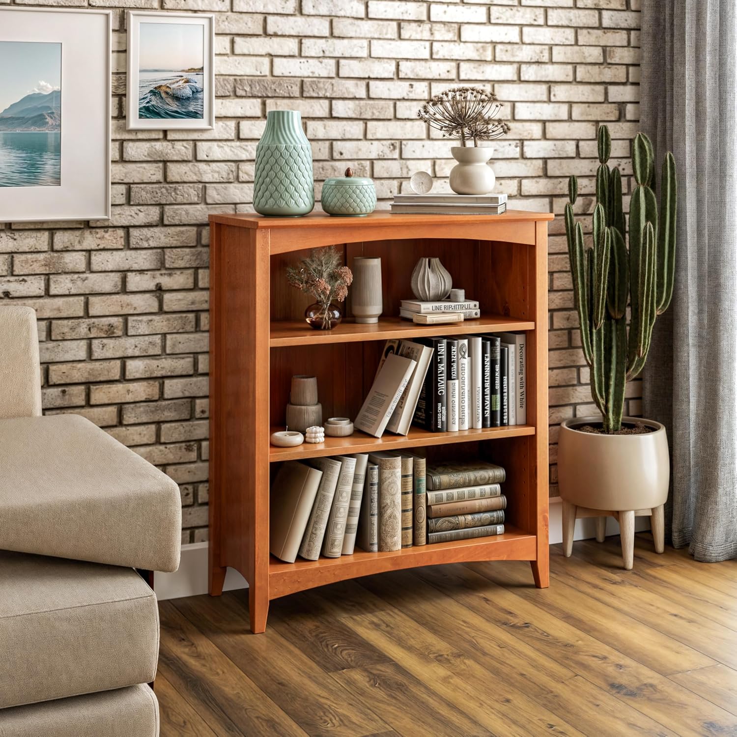 Shaker Style 3 Shelf Bookcase / Solid Wood / 36" High / Adjustable Shelving / Closed Back / Display Bookshelf for Living Room, Bedroom, Home and Office, White