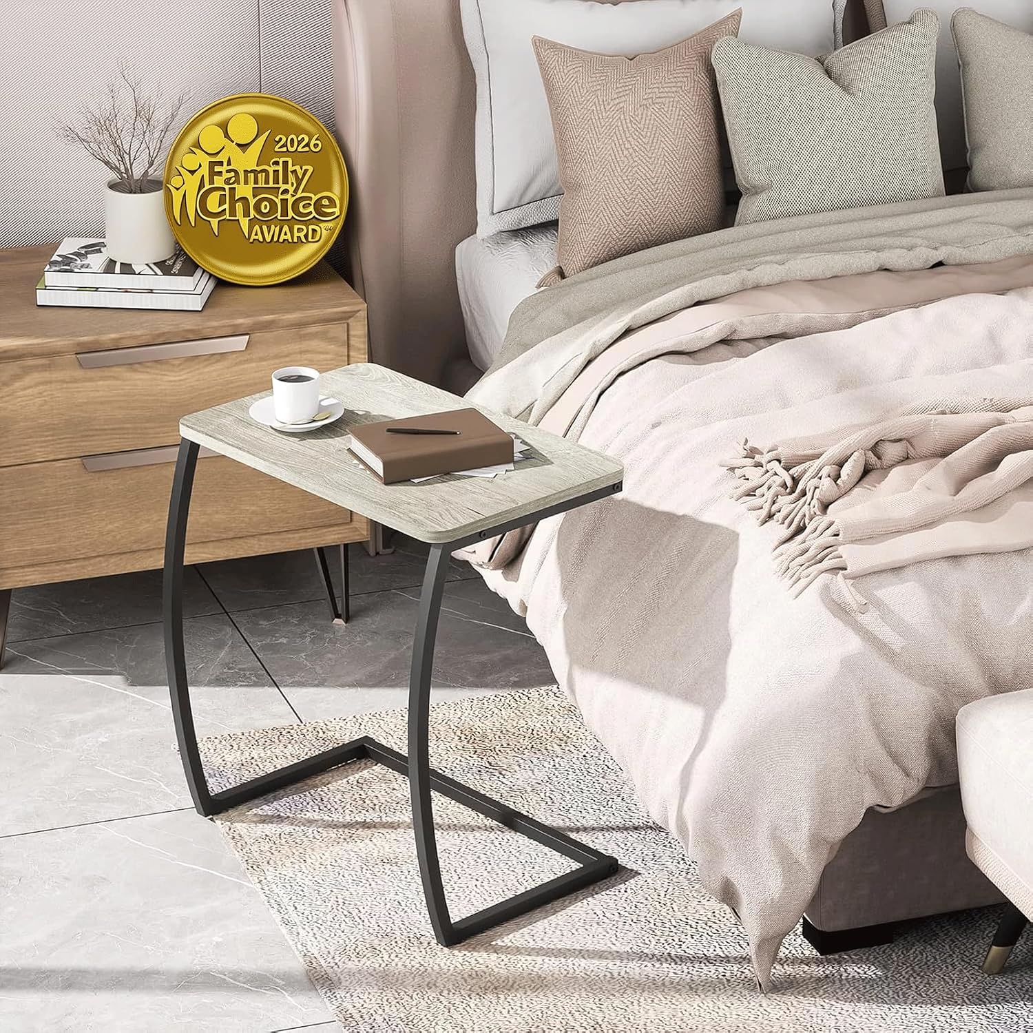 SRIWATANA Walnut C Shaped Side Table, Vintage End Table for Sofa Couch Bed