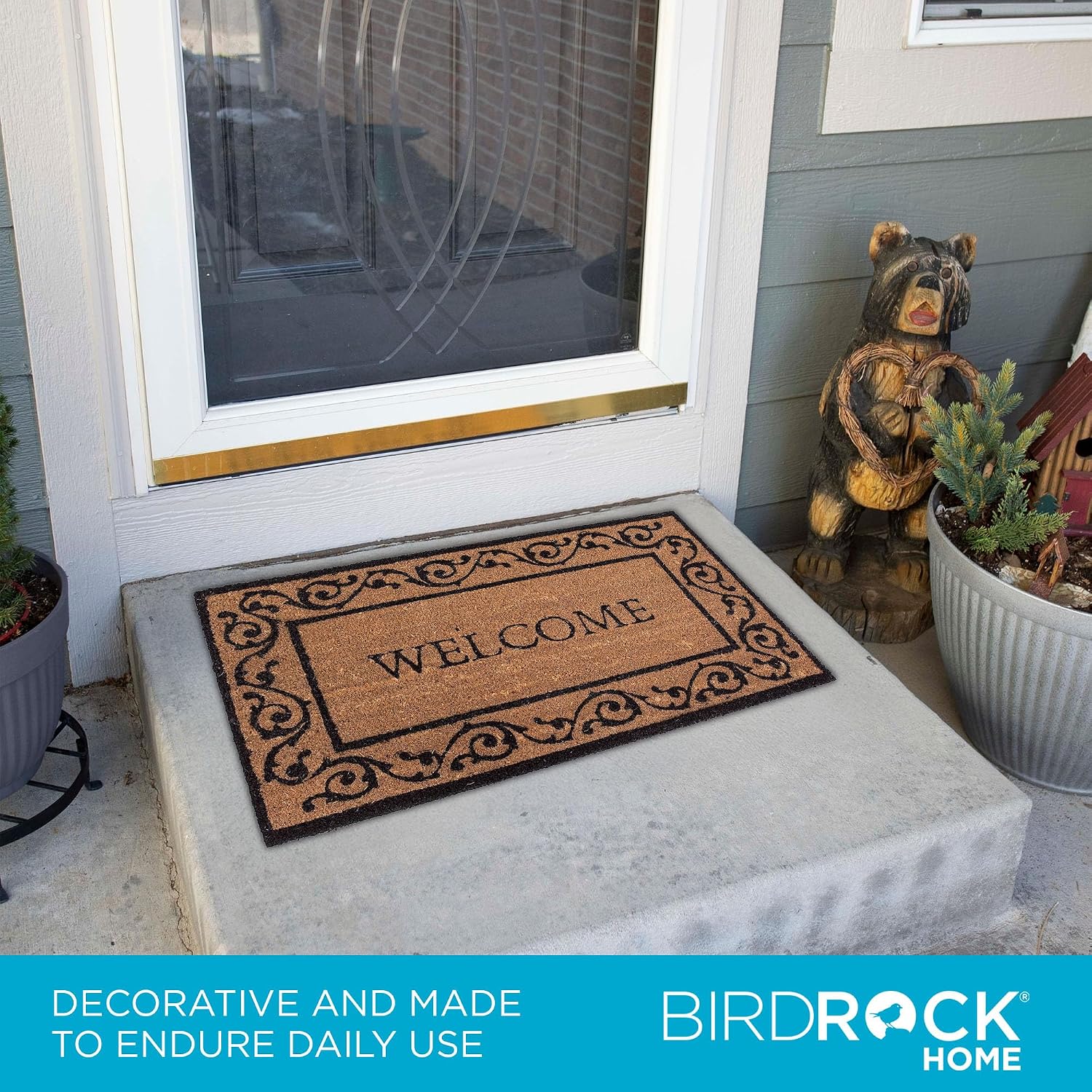 BIRDROCK HOME Welcome Coir Doormat with Scroll Border | 18 x 30 Inch | Standard Welcome Mat with Black Decorative Border | Natural Fade | Vinyl