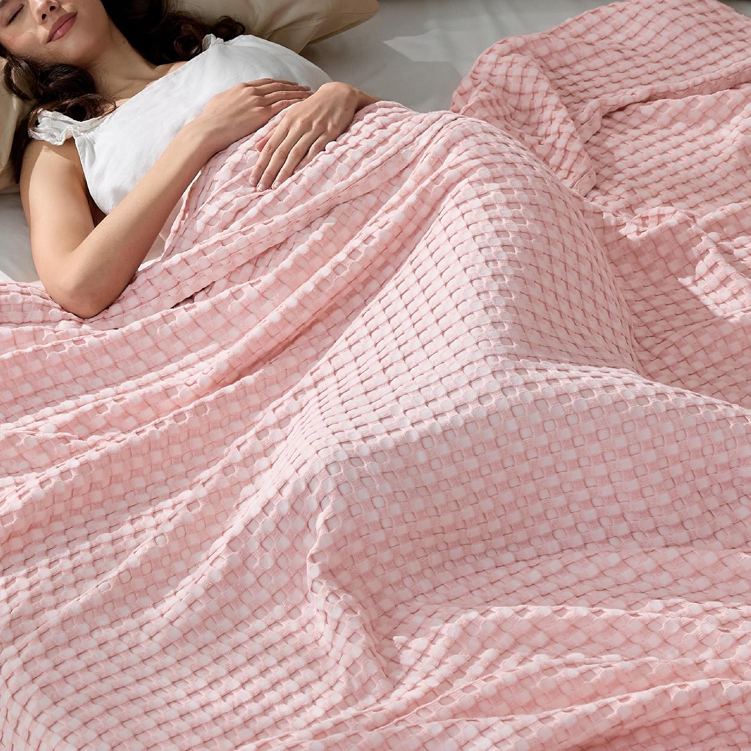 Bedsure Cooling Waffle Blanket for Hot Sleepers, Ivory, Queen, 90"x90"