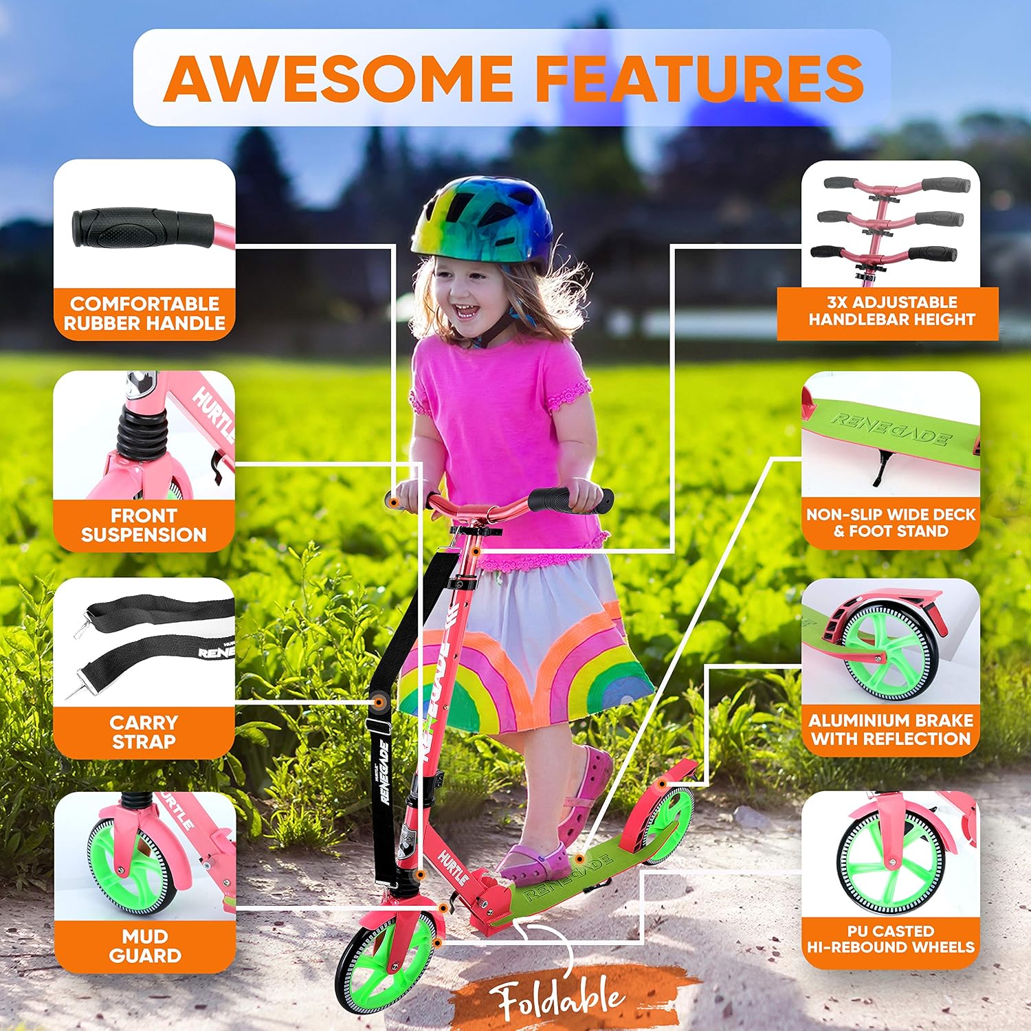 Hurtle Renegade Kick Scooter for Kids, Teenagers & Adults - 2-Wheel Folding Scooter with Adjustable T-Bar Handlebar - Alloy Anti-Slip Deck