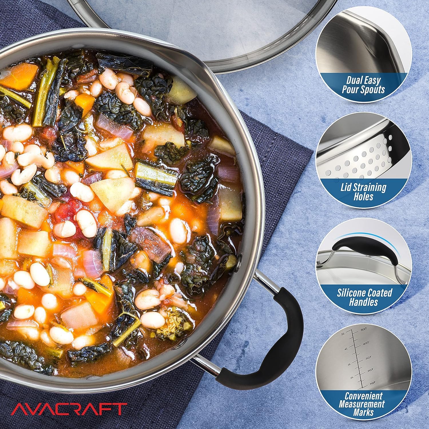 AVACRAFT 6 Quart Stainless Steel Stock Pot with Glass Strainer Lid | 5-Layer Capsule Base, Tempered Glass Strainer Lid, Drip-Free Pour Spouts, Induction Compatible, Dishwasher Safe