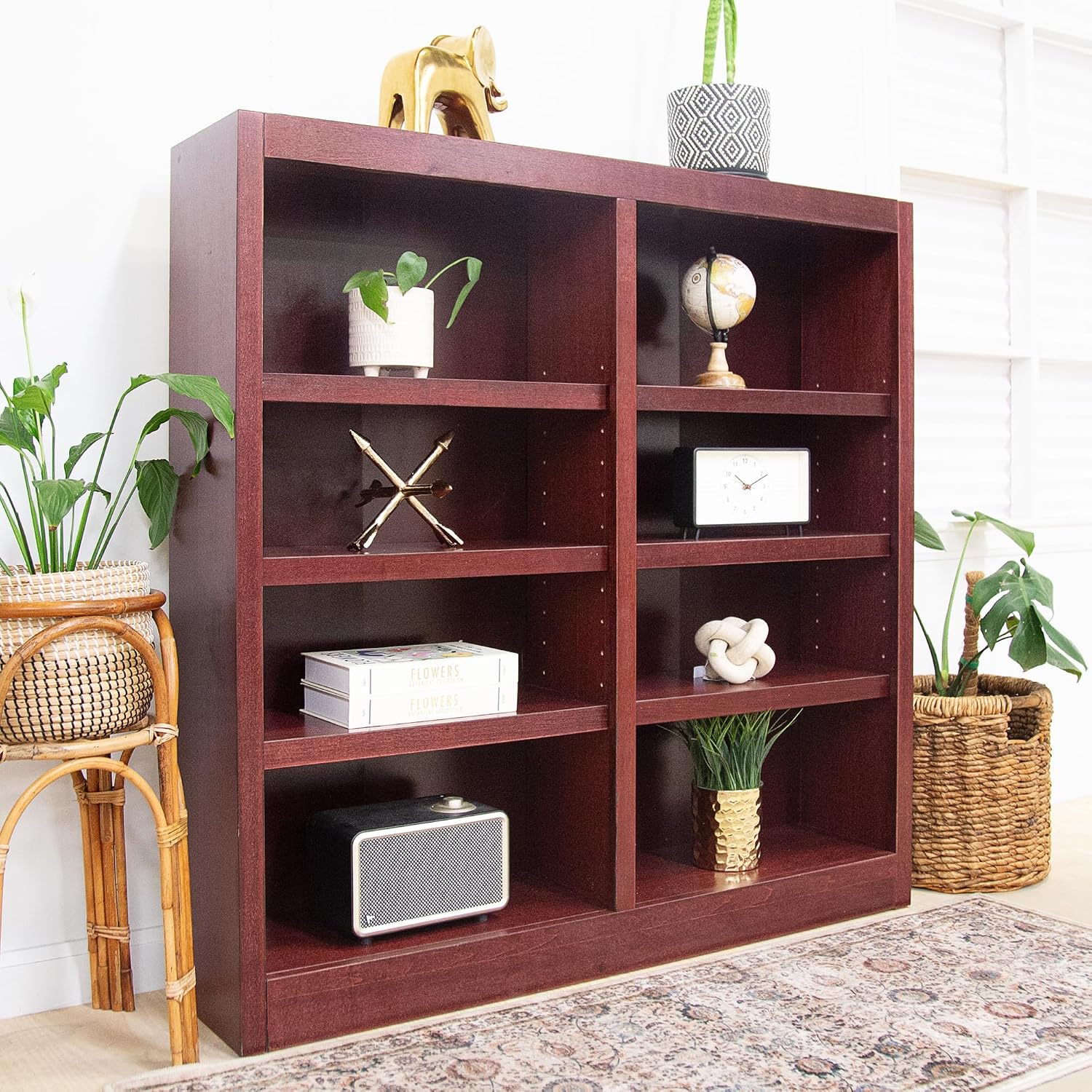 Traditional 48" Tall 8-Shelf Double Wide Wood Bookcase in Cherry