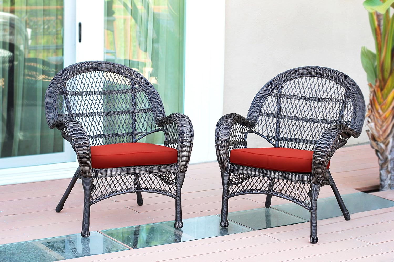 Jeco Wicker Chair with Red Cushion, Set of 2, White/W00206-