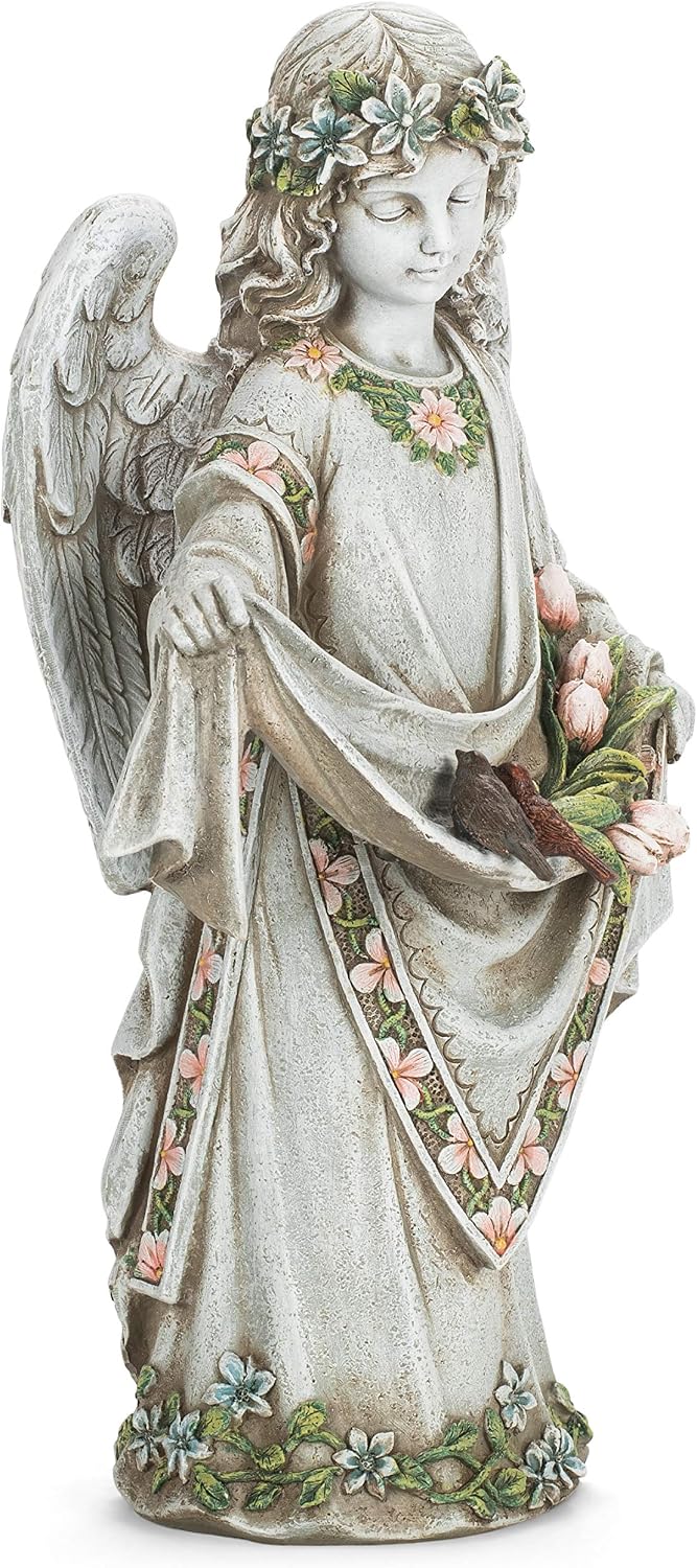 Roman Josephs Studio Inspirational Girl Angel Wearing Floral Trimmed Gown with Birds Garden Statue, 16.5-Inch