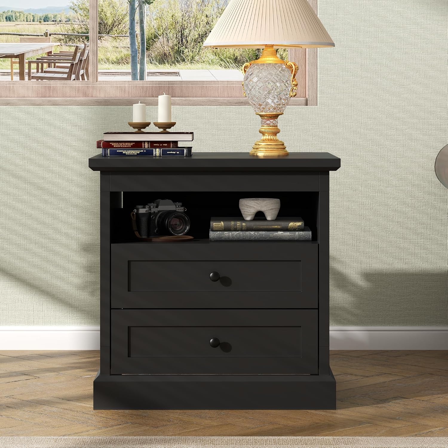 Nightstand with Hidden Storage Space,Night Stand,End Table with Side Drawer | Black Bedside Table with Open Shelf, 2 Drawers Dresser for Bedroom, Living Room, Closet