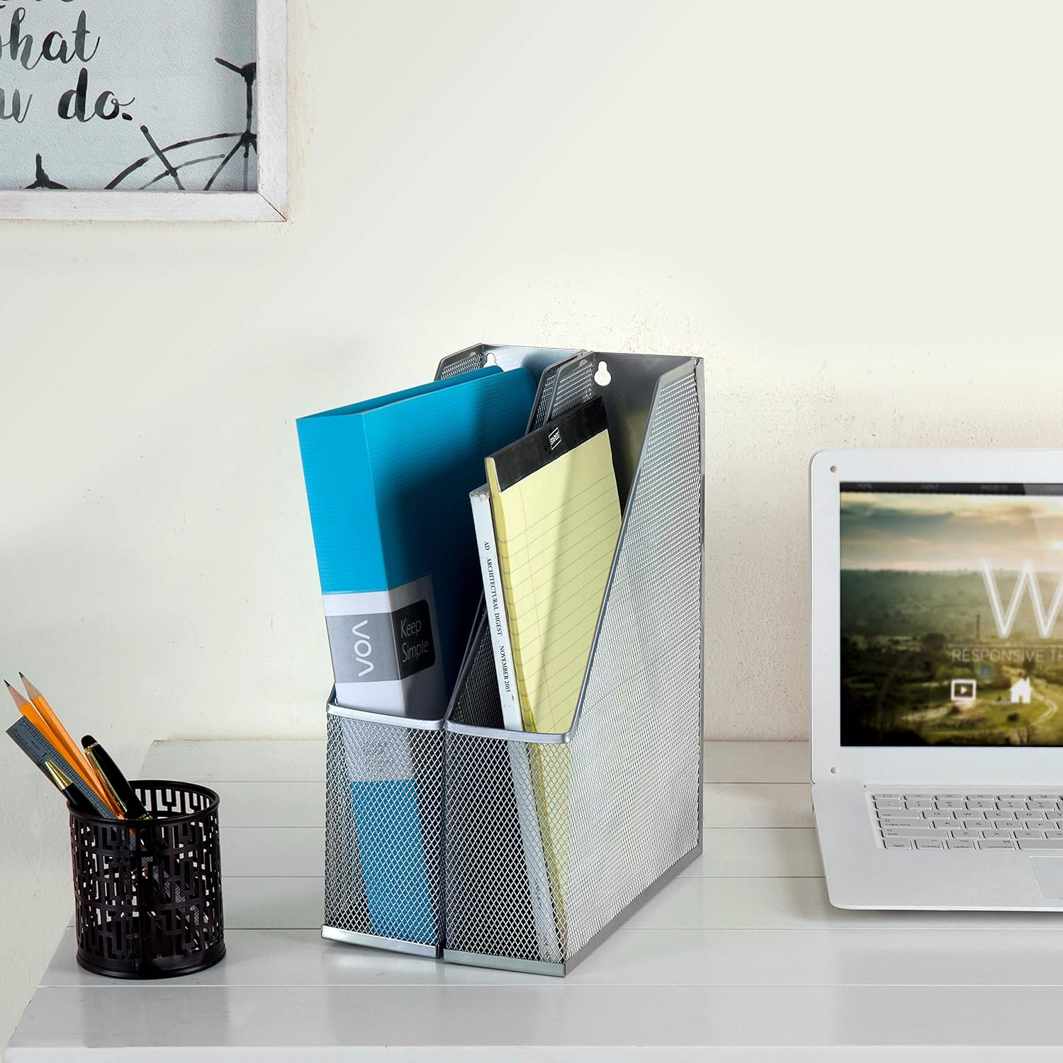 MyGift Wire Mesh Wall Mounted or Freestanding Document Rack, Magazine and File Holder, Set of 2, Black