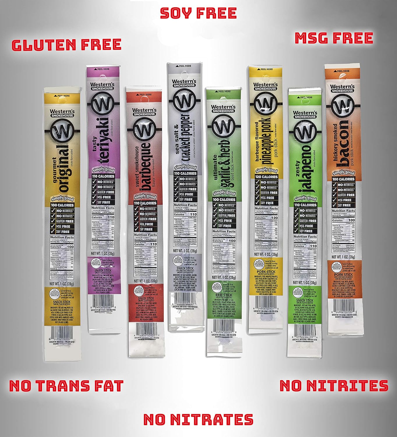 Western's Smokehouse Meat Sticks Variety Pack of 20 – 8 Flavors of Pork and Beef Jerky Sticks - Gluten-Free, MSG-Free, Soy-Free, No Nitrates