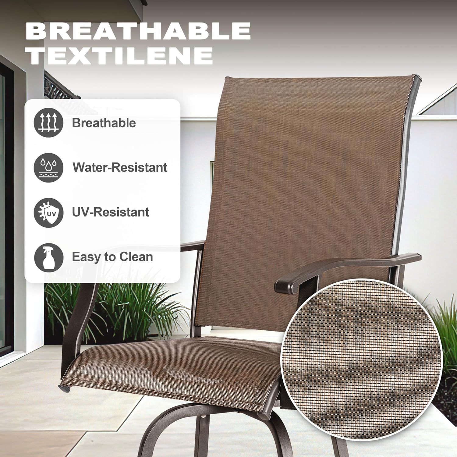 NUU GARDEN 3 Piece Patio Bar Set, All Weather Mental Textilene High Stools Set Outdoor Swivel Bar Chair Set of 2 and High Silk Screen Glass Bar Table