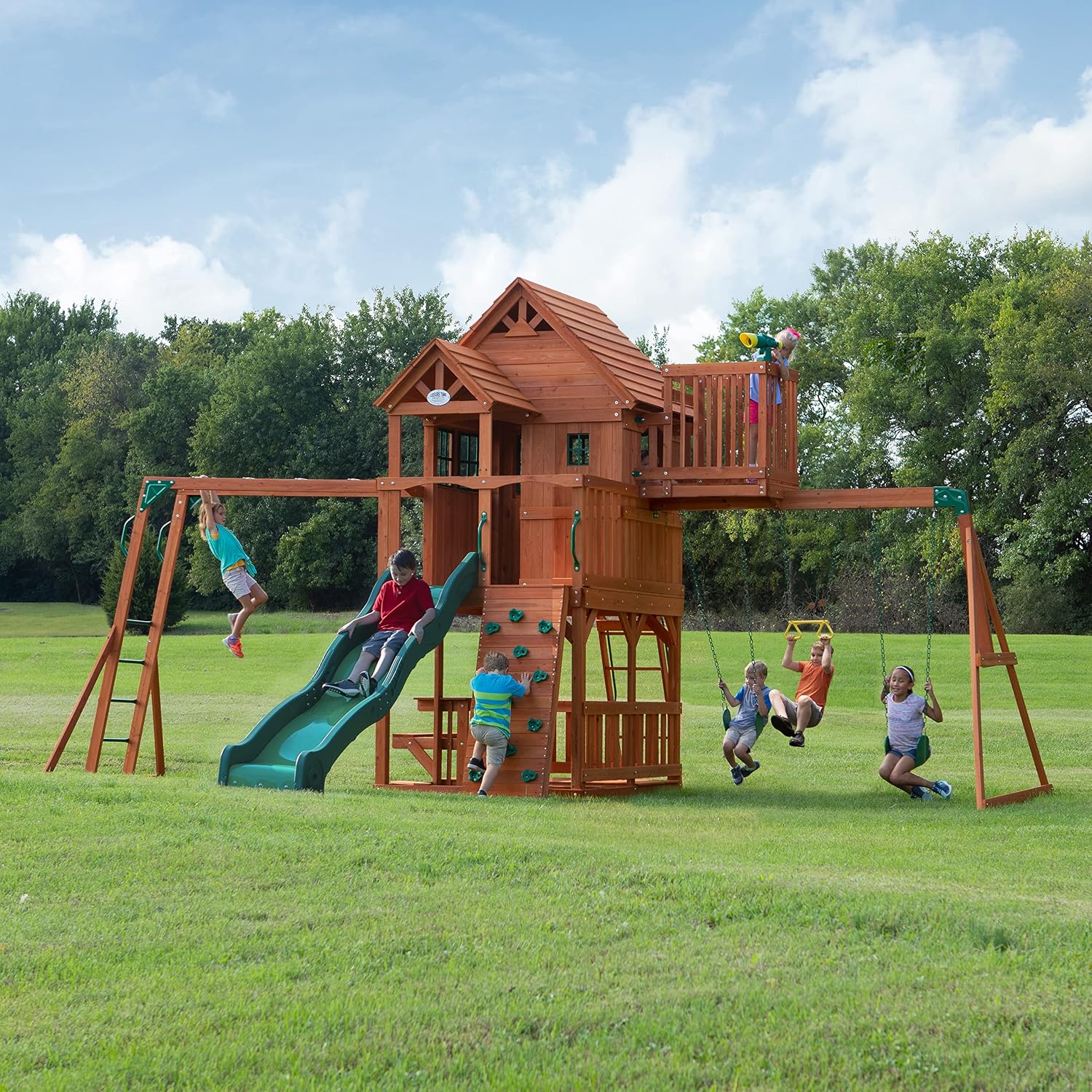 Backyard Discovery Skyfort II Cedar Wood Swing Set with Wave Slide, Raised Clubhouse, Crow's Nest, Monkey Bars, Balcony, Belt Swings, Trapeze
