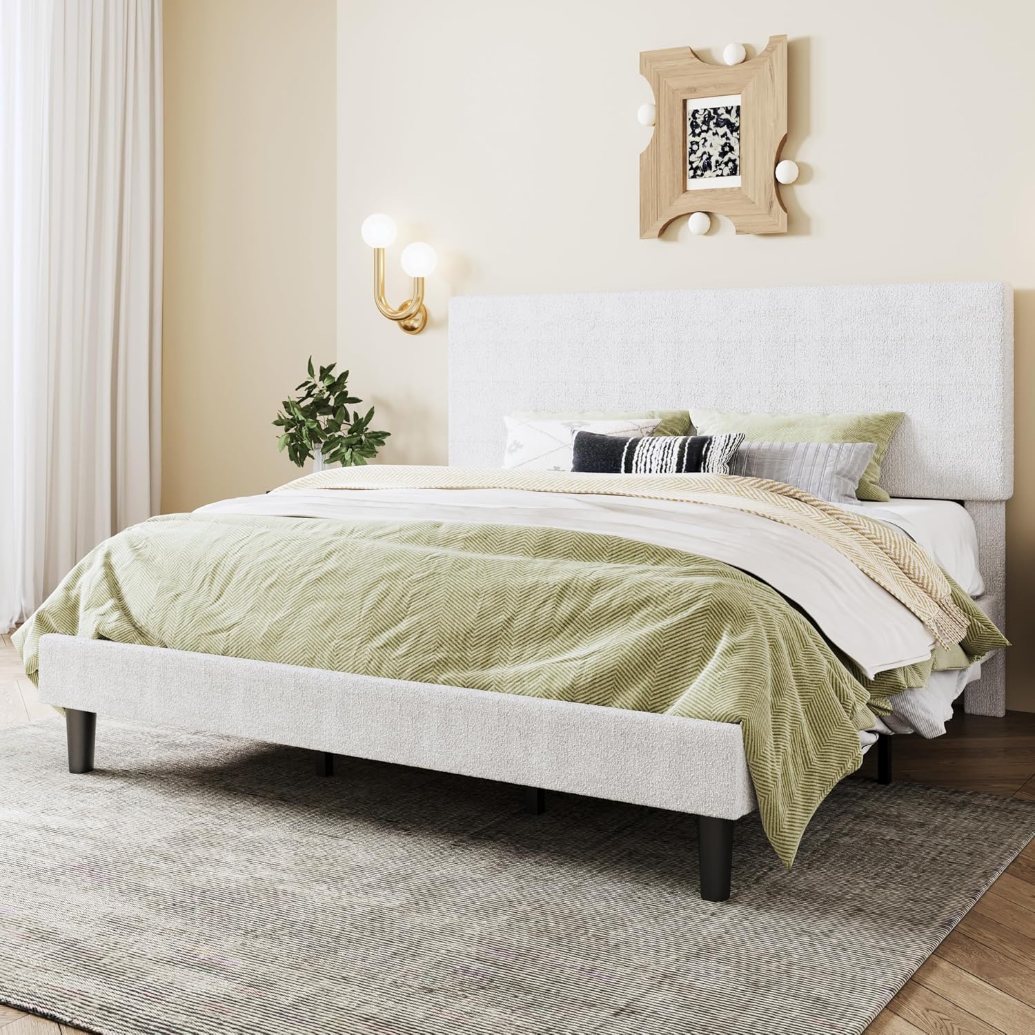 SHA CERLIN Boucle Upholstered Queen Size Bed Frame, White | Platform Bed with Adjustable Headboard, Wooden Slats Support, No Box Spring Needed, Noise-Free, Easy Assembly
