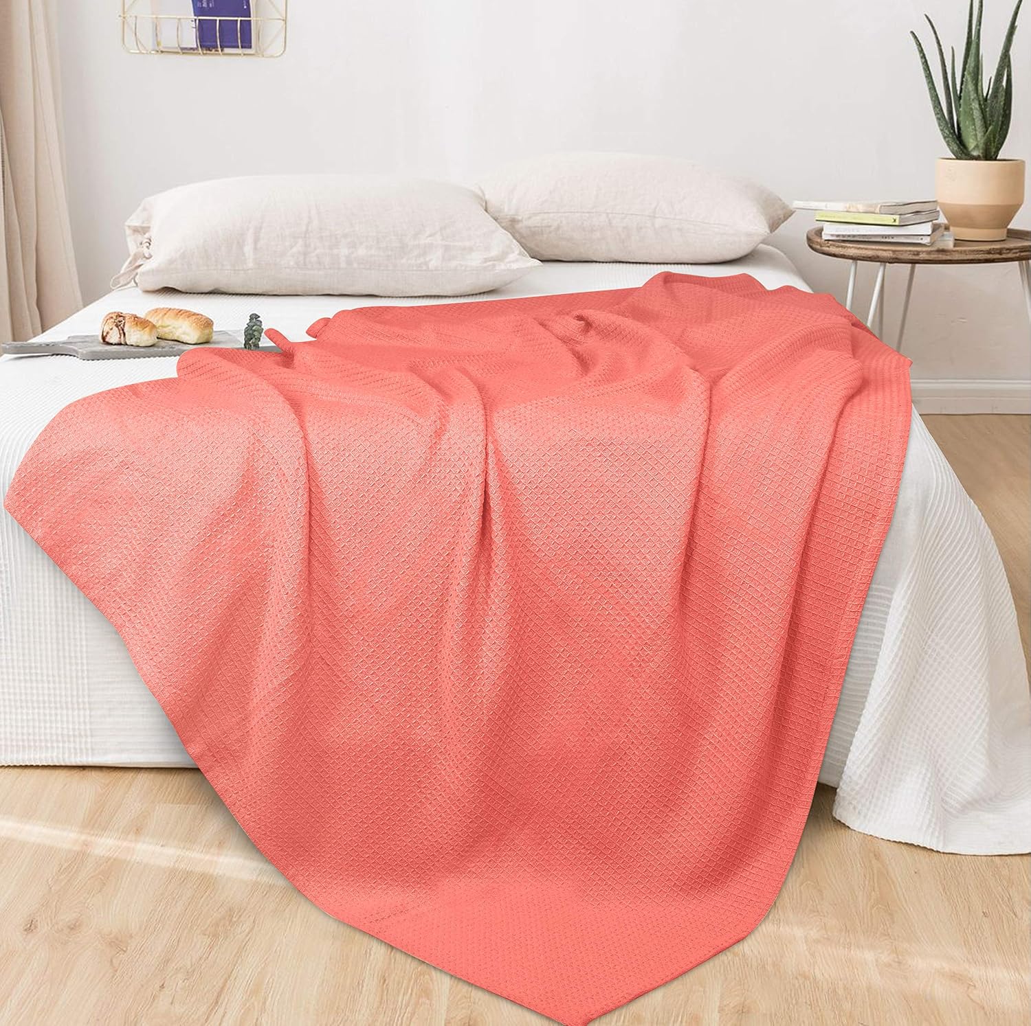 Glamburg 100% Cotton Thermal Bed Blanket, Soft Waffle, Queen Size, All Season, Navy Blue