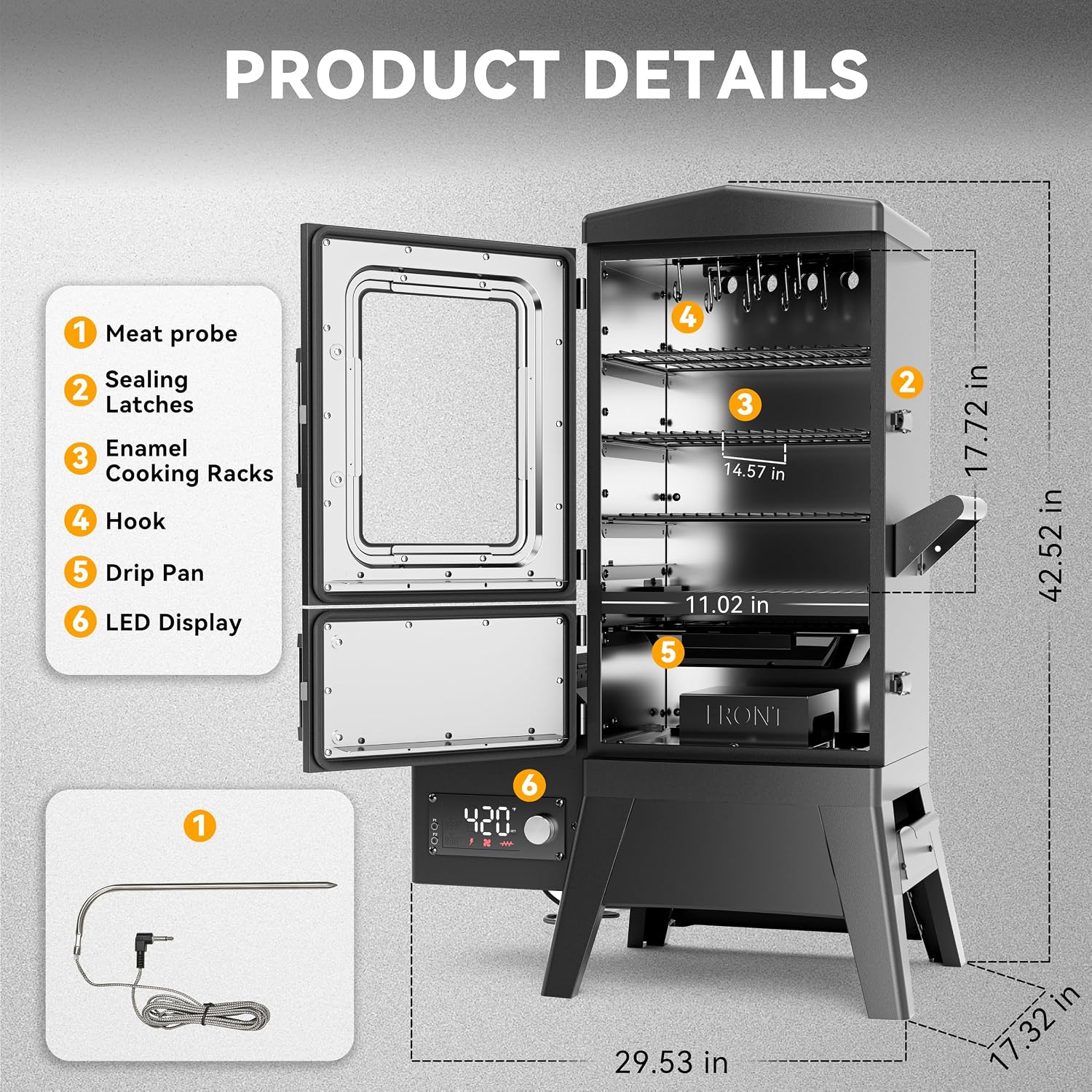 Electric Pellet Smoker with Rainproof Cover & Meat Probe, Vertical Pellet Smoker Grill with LED Display Temperature Control, 616 Sq.in