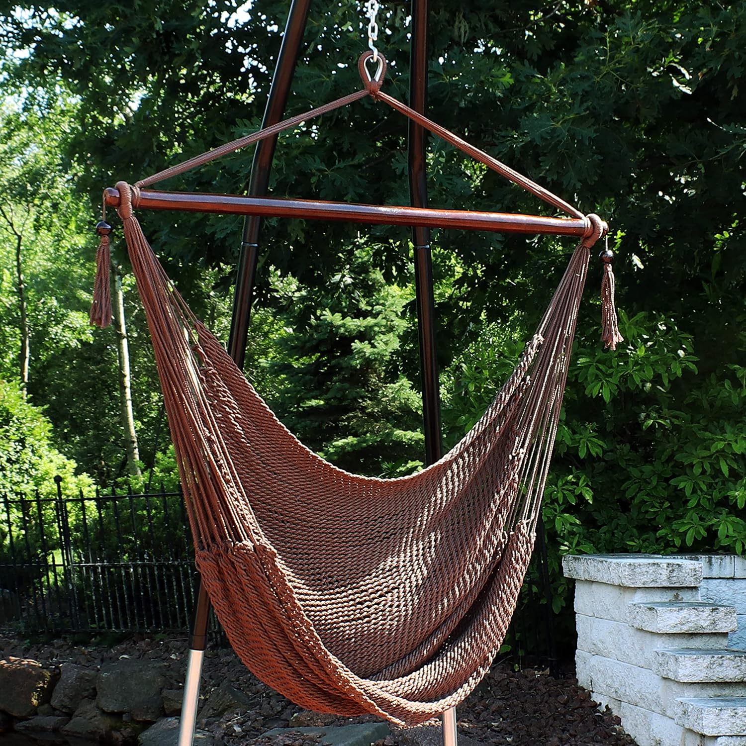 Sunnydaze Hanging Hammock Chair Swing for Patio, Caribbean, Tan | 300 lb Capacity, Wooden Spreader Bar, Woven Polyester, Hang From a Tree, Hammock Chair Stand, or Ceiling, Hammock Swing Chair
