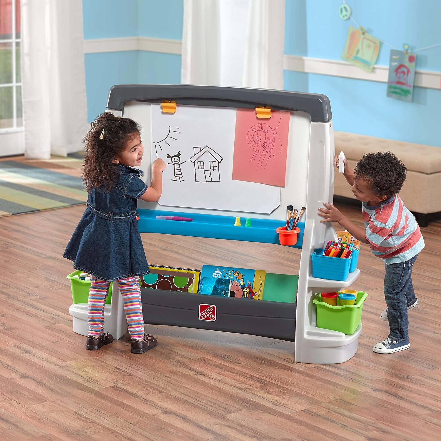 Step2 Jumbo Art Easel, Kids Art Activity Table, Double-Sided Dry Erase and Chalkboard, Storage Bins and Trays