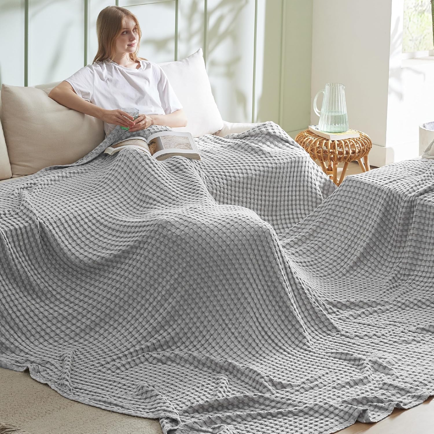 Bedsure Cooling Waffle Blanket for Hot Sleepers, Ivory, Queen, 90"x90"