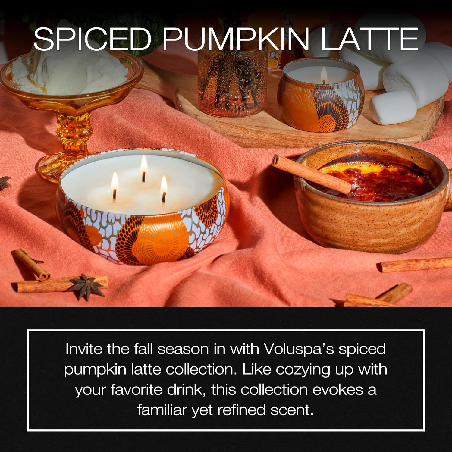 Voluspa Spiced Pumpkin Latte, 3 Wick Tin Candle, 12 Ounce, 40 Hour Burn Time, Coconut Wax for Clean Burning, Handcrafted in the USA