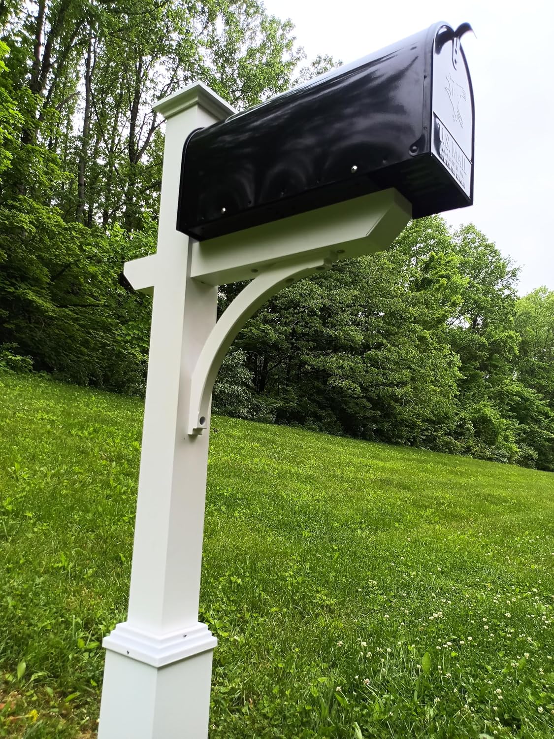 Argonne White Post & Black Mailbox (Large) | Personal curbside mailbox system features a large black aluminum mailbox, sturdy white square post, and custom house numbers.