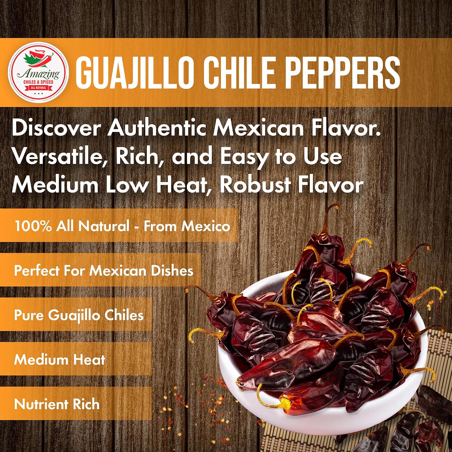 Guajillo Chiles Peppers Dried Whole 4 oz – Natural and Premium. Great For Mexican Recipes Like Mole, Tamales, Salsa, Meats. Mild to Medium Heat, Complex Fruity Flavor. Resealable Bag