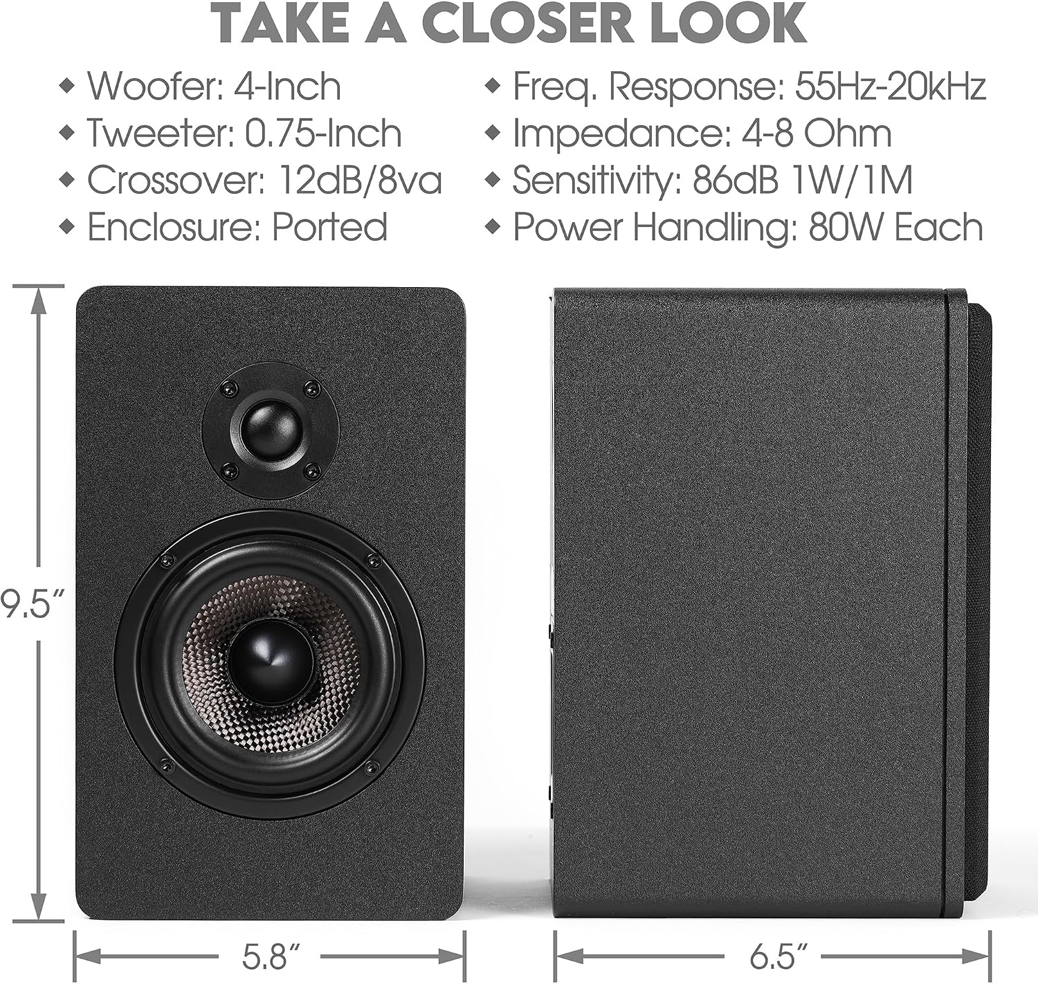 Micca MB42X Advanced 2-Way Passive Bookshelf Speakers, Stereo Pair, Black | Amplifier Required, 4-Inch Carbon-Fiber Woofer, 0.75-Inch Silk-Dome Tweeter, Desktop, Home Theater, Surround Sound