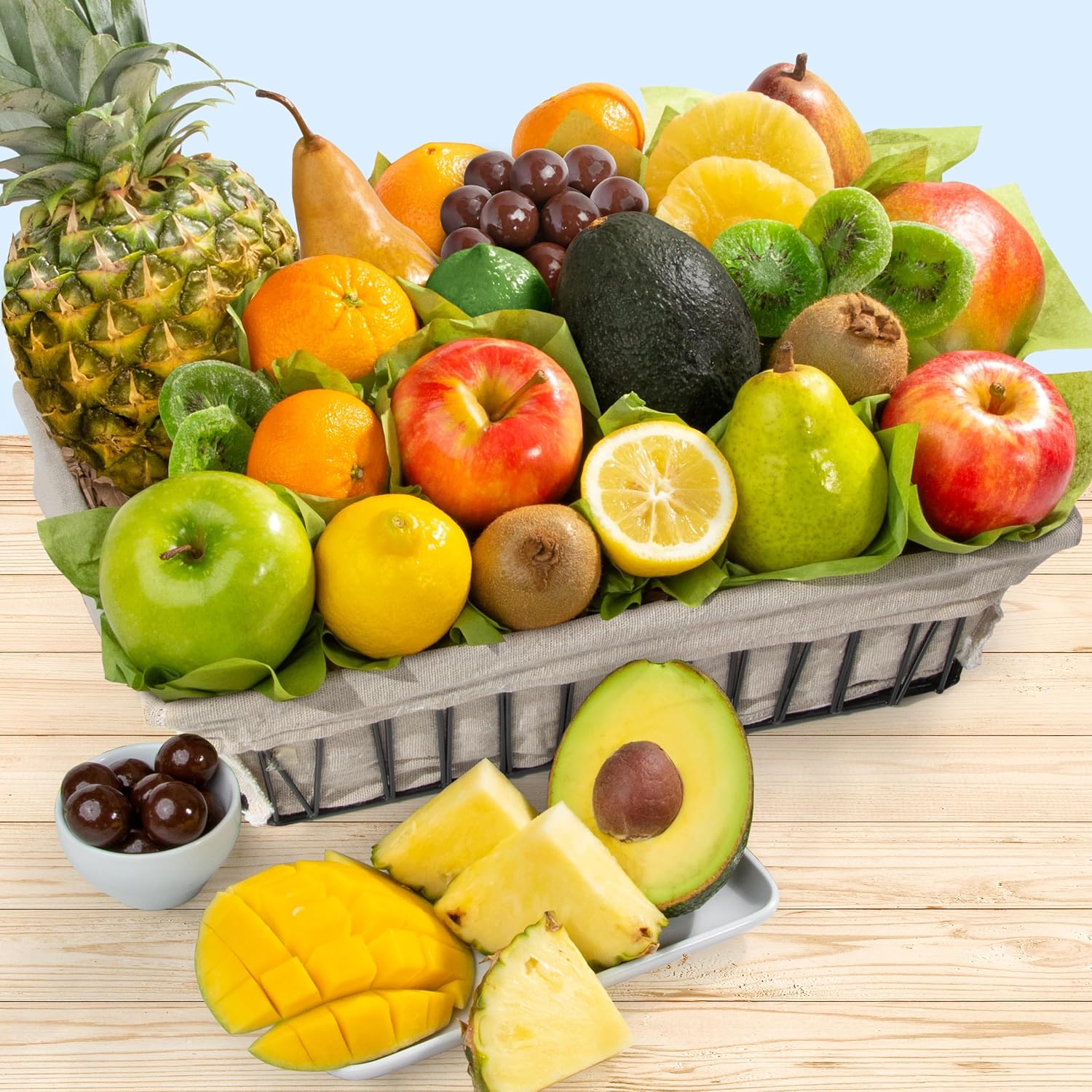 A Gift Inside Fresh Fruit Basket with Tropical Fruit, Pears, Apples & Dried Fruit – Gourmet Fruit Gift Basket for Every Occasion