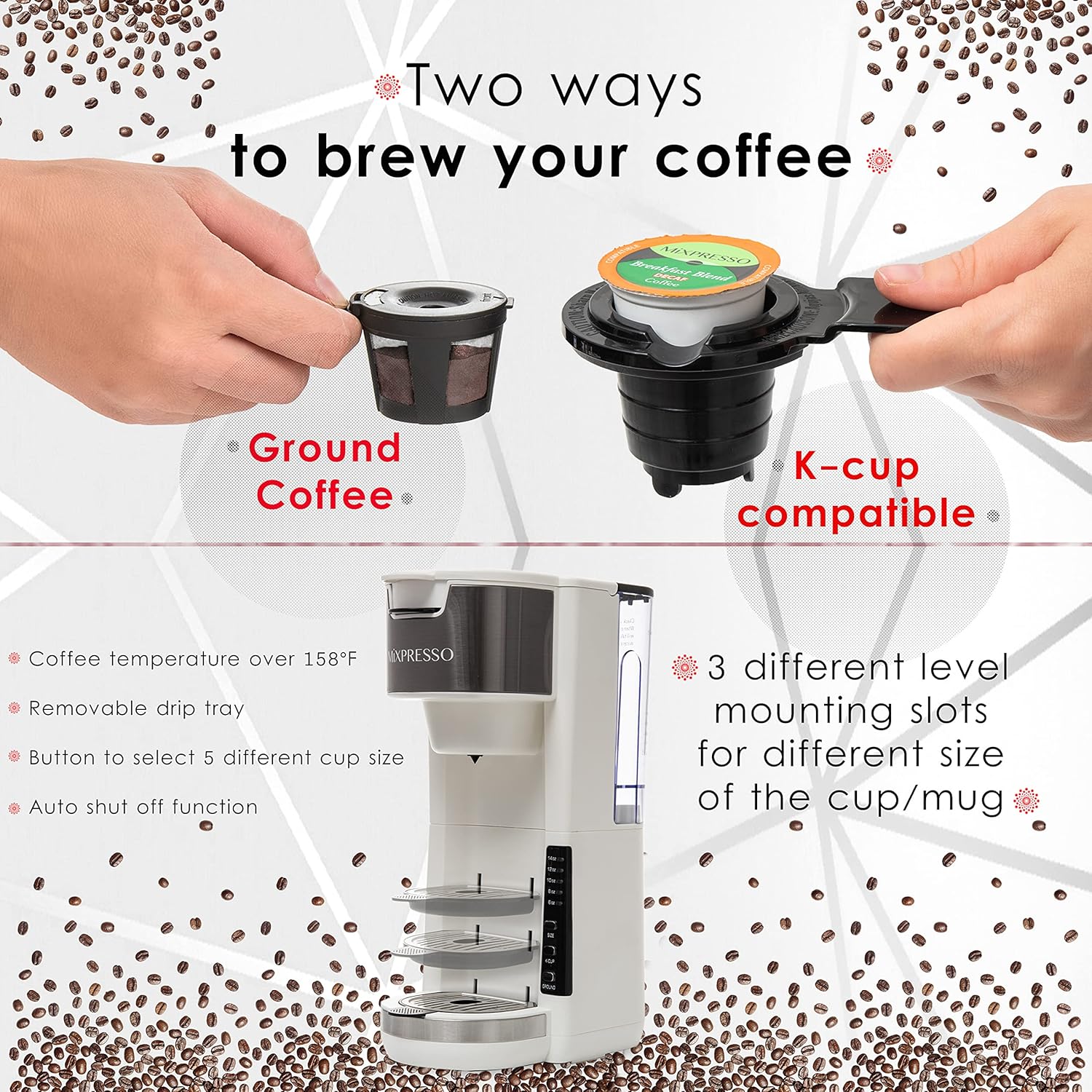 Mixpresso Black Single Serve Coffee Brewer K-Cup Pods Compatible & Ground, 30 oz Compact Coffee Maker Single Serve With 5 Brew Sizes Up To 14 Oz