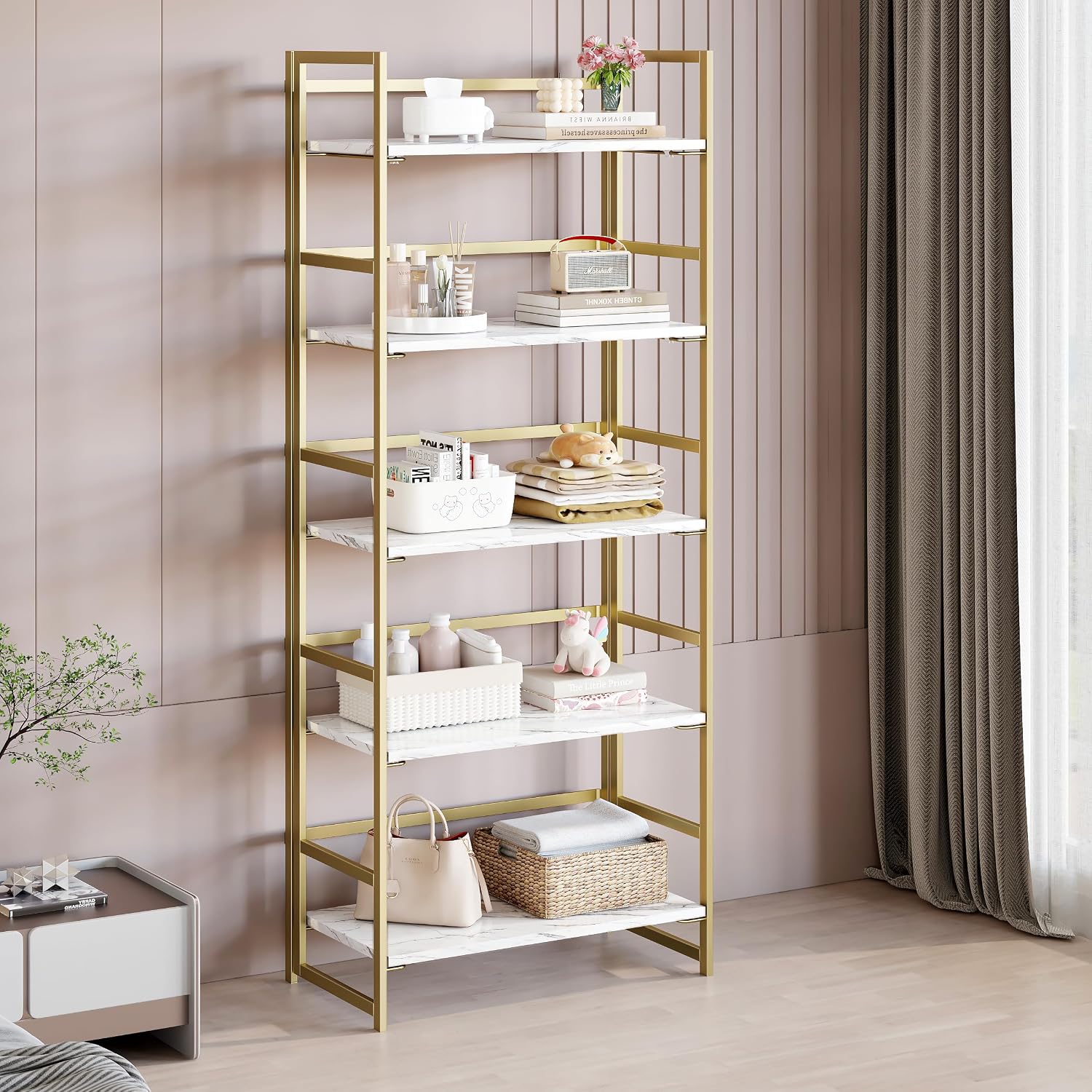 Vintage Multifunctional Folding Bookshelf, No-Assembly Plant Stand Storage Rack Shelves for Home Office (Fire, 5-Tier)