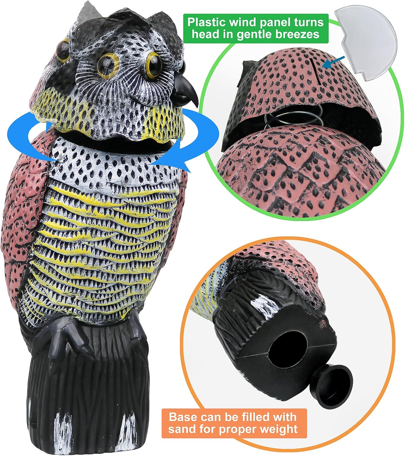 Owl Decoy to Scare Birds Away Scarecrow Fake Owl with Rotating Head, 16"