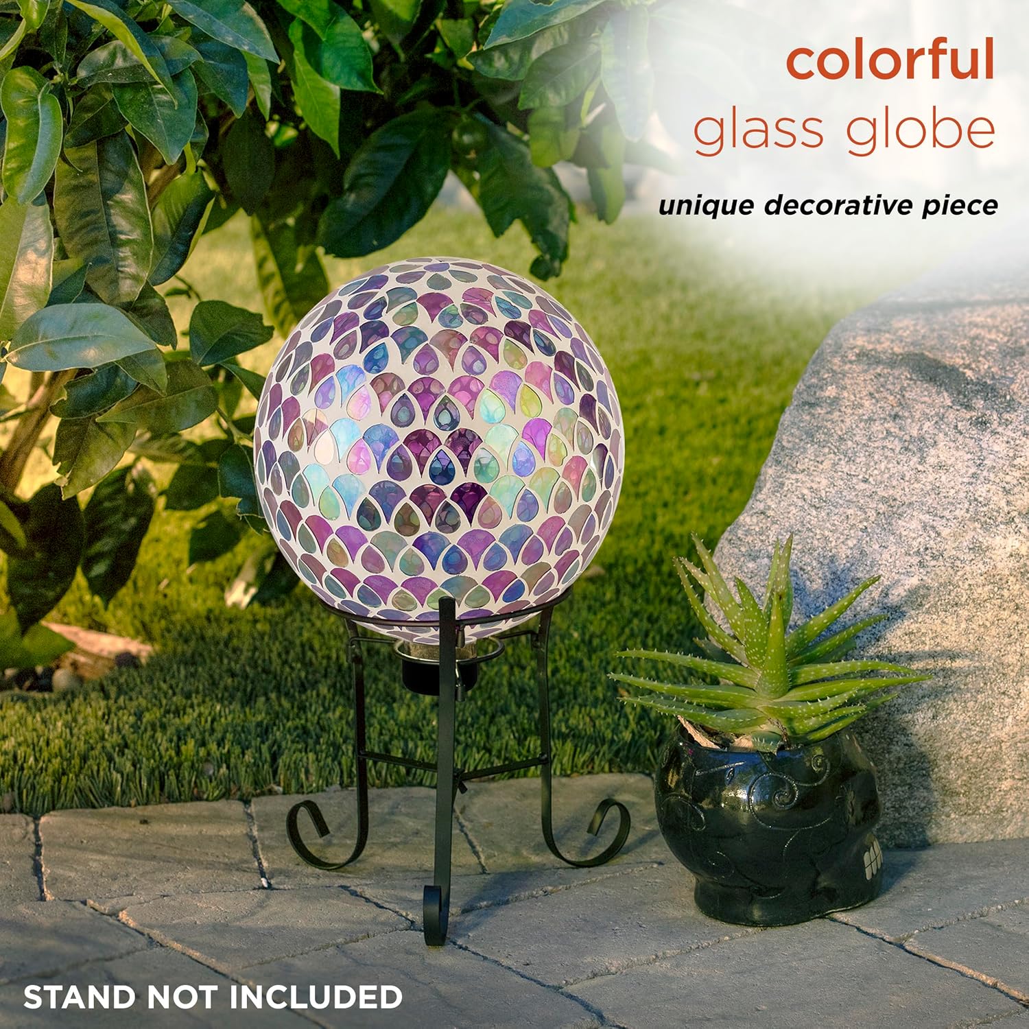 Alpine Corporation 10" Diameter Indoor/Outdoor Glass Mosaic Gazing Globe Yard Decoration, Purple Pearlized Petals Design