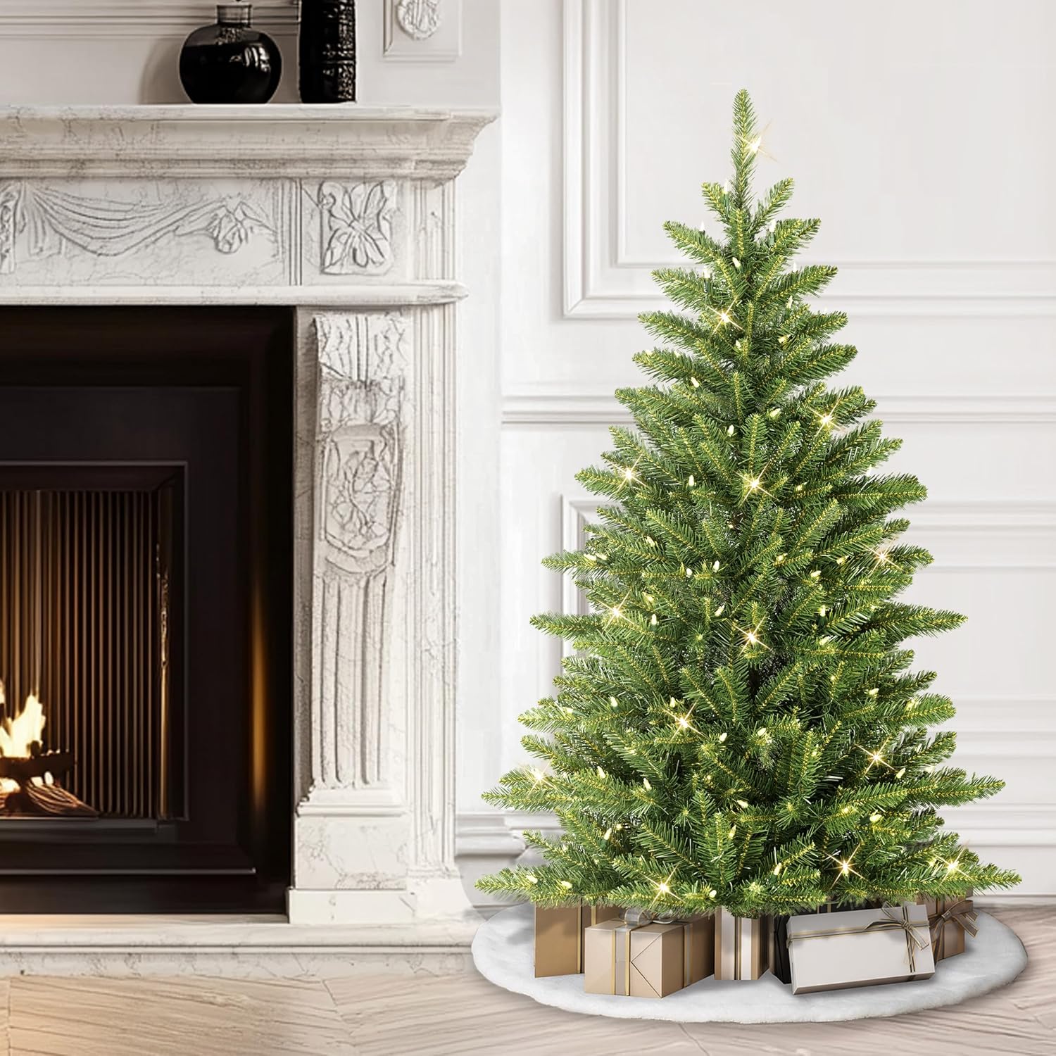 Puleo International 7.5ft Pre-Lit Slim Fraser Christmas Tree with 500 Warm White LED Lights, 1453 Realistic Dense Branch Tips, Easy Setup Artificial Trees with Sturdy Metal Stand
