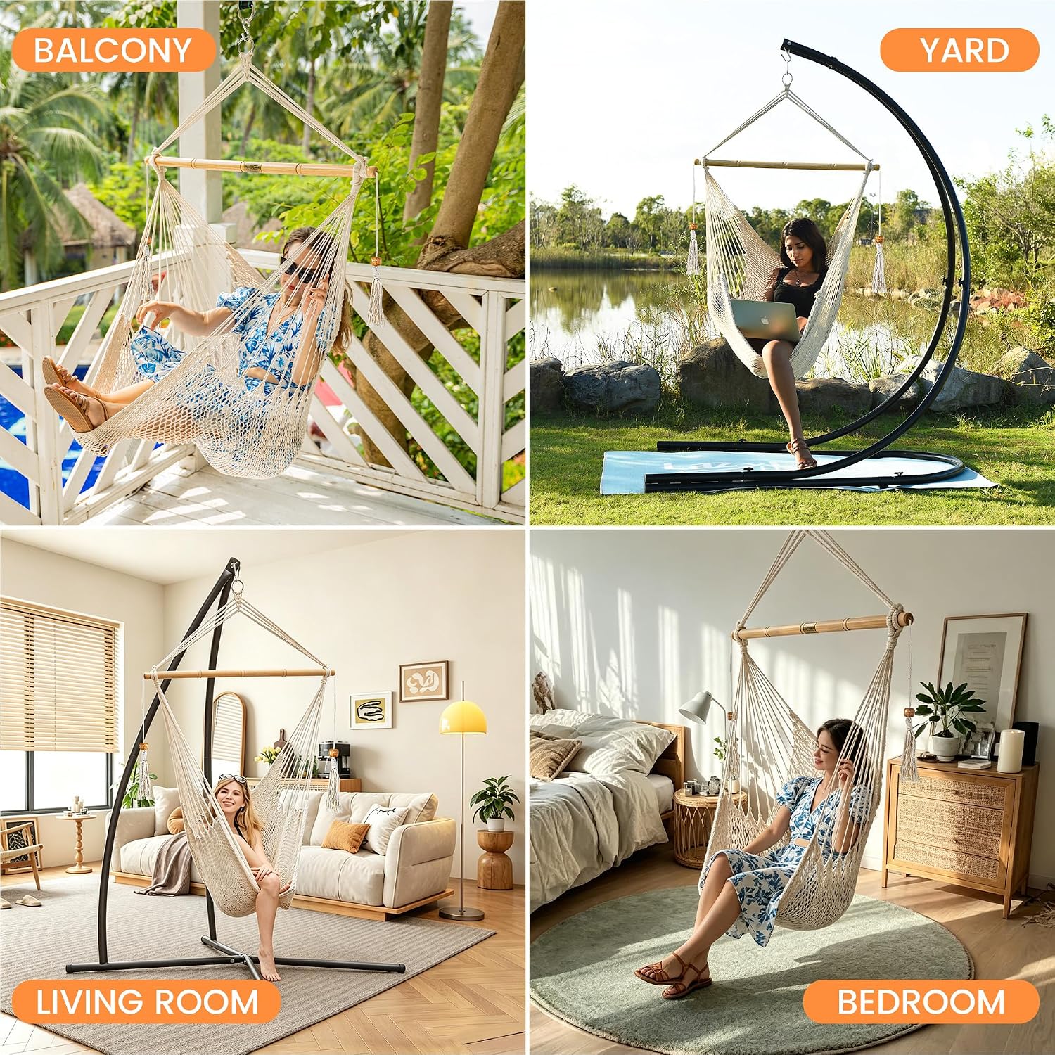 Lazy Daze Hammock Chair, Hanging Swing Chair, Caribbean Rope Chair | 40"Hardwood Spreader Bar and Soft-Spun Cotton Rope, Hammock Weaving Chair for Indoor, Outdoor, Backyard, Max 300 LBS, Natural