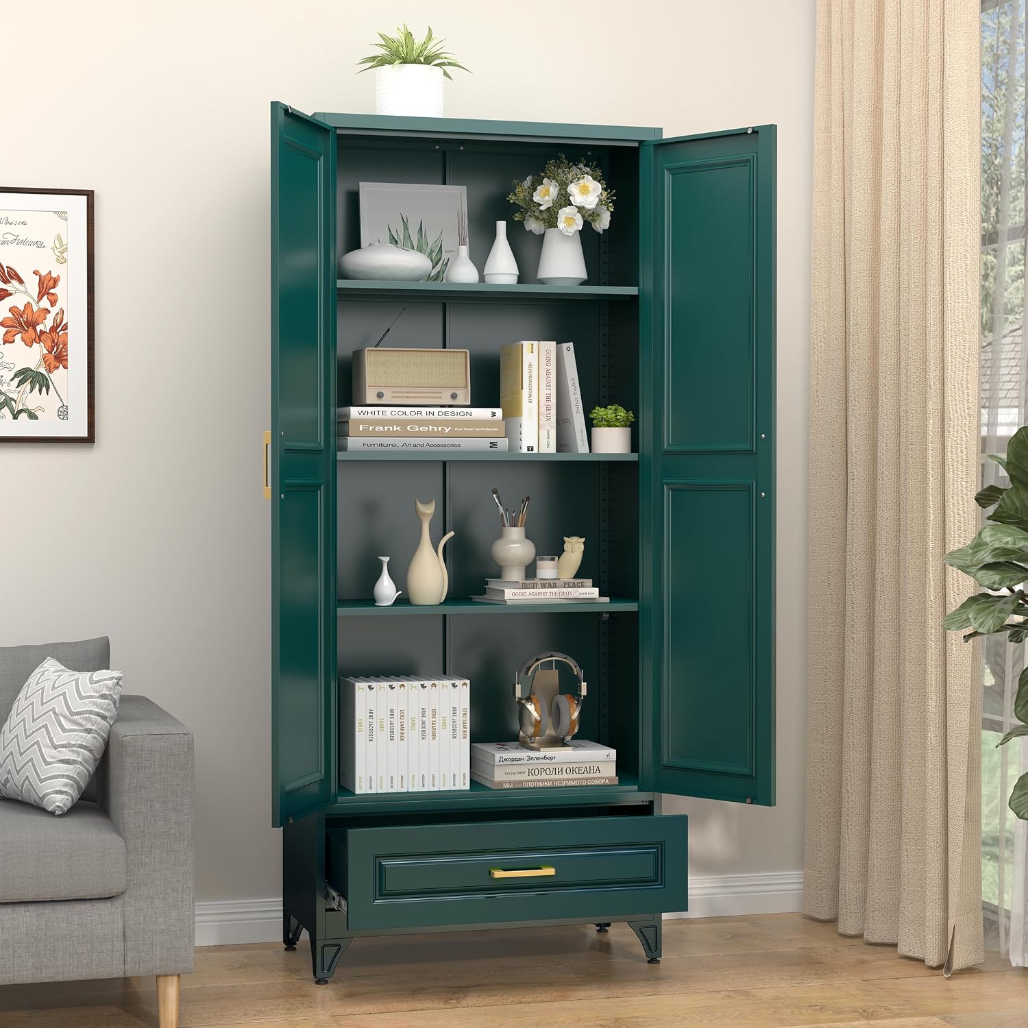 Steeloong 71"Metal Pantry Storage Cabinet with Doors & 4 Adjustable Shelves | Kitchen Pantry Cabinet,White Kitchen Cabinet with 2 Gold Handles,Tall Cabinet for Livingroom,Pantry, Bathroom,Kitchen
