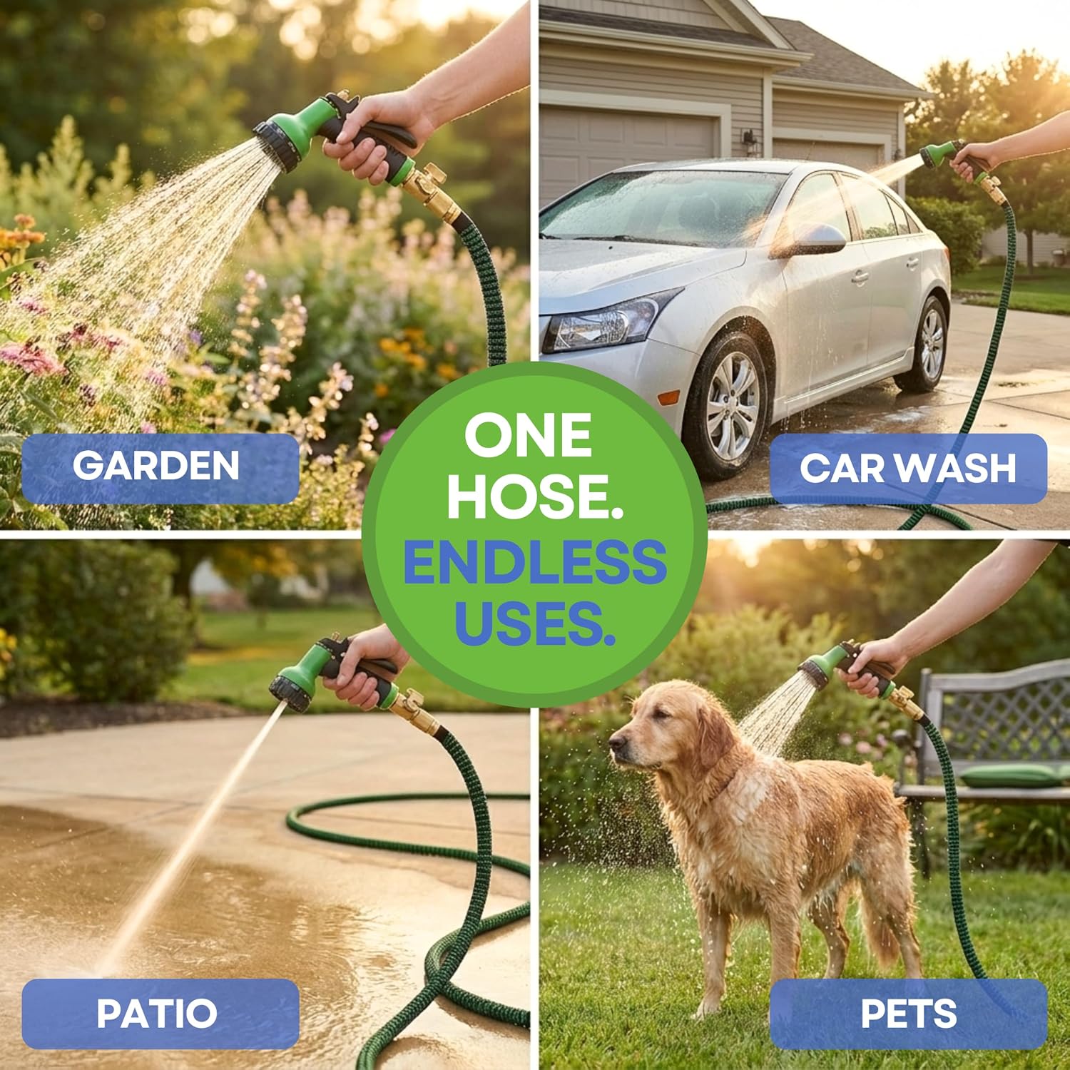 J&B XpandaHose 75ft Expandable Garden Hose, Lightweight, Brass Connectors | Ultra Strong 3750D fabric, 4-layer latex core, expands 3X, kink & leak-resistant, 10-pattern nozzle, storage bag