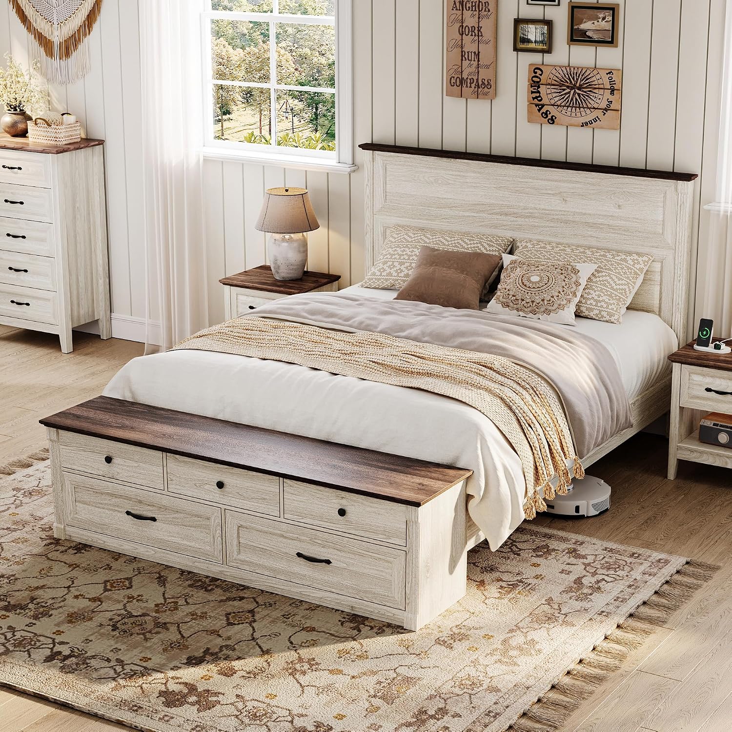 LINSY Storage Bed Frame Queen Bedframe with Drawers, Farmhouse Bed Frame Queen-Size with Headboard and Footboard Bench