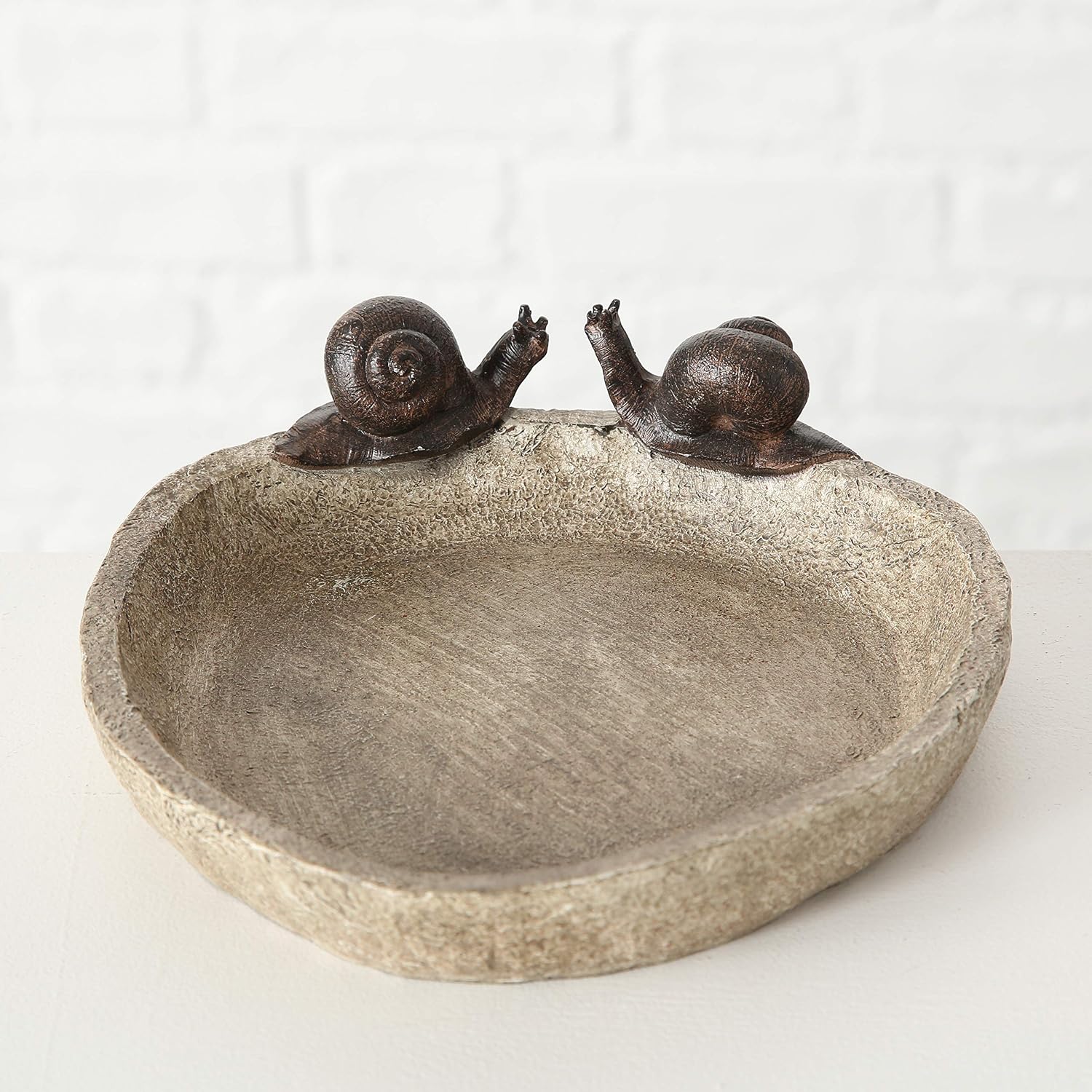 Bird Bath with 2 Snails, Off White Stone Finished Basin and Brown, All Weather Poly Resin, 8 1/4 inches Diameter (21cm)