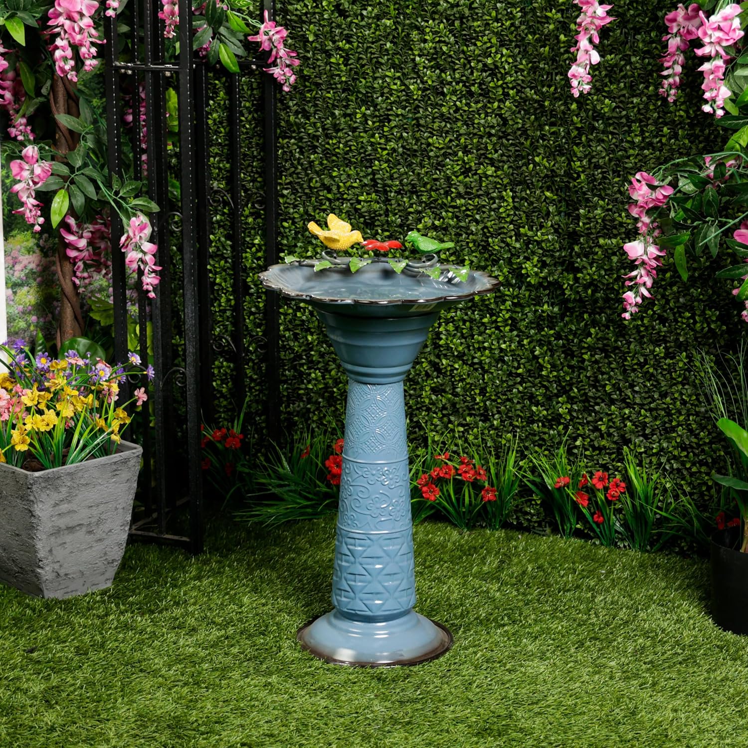 Alpine Corporation - 28" Tall Outdoor Metal Birdbath with Birds and Leaves Yard Statue Decoration, Red – Stunning Garden Accent to Attract Birds - Durable Construction for Patio, Deck, or Yard