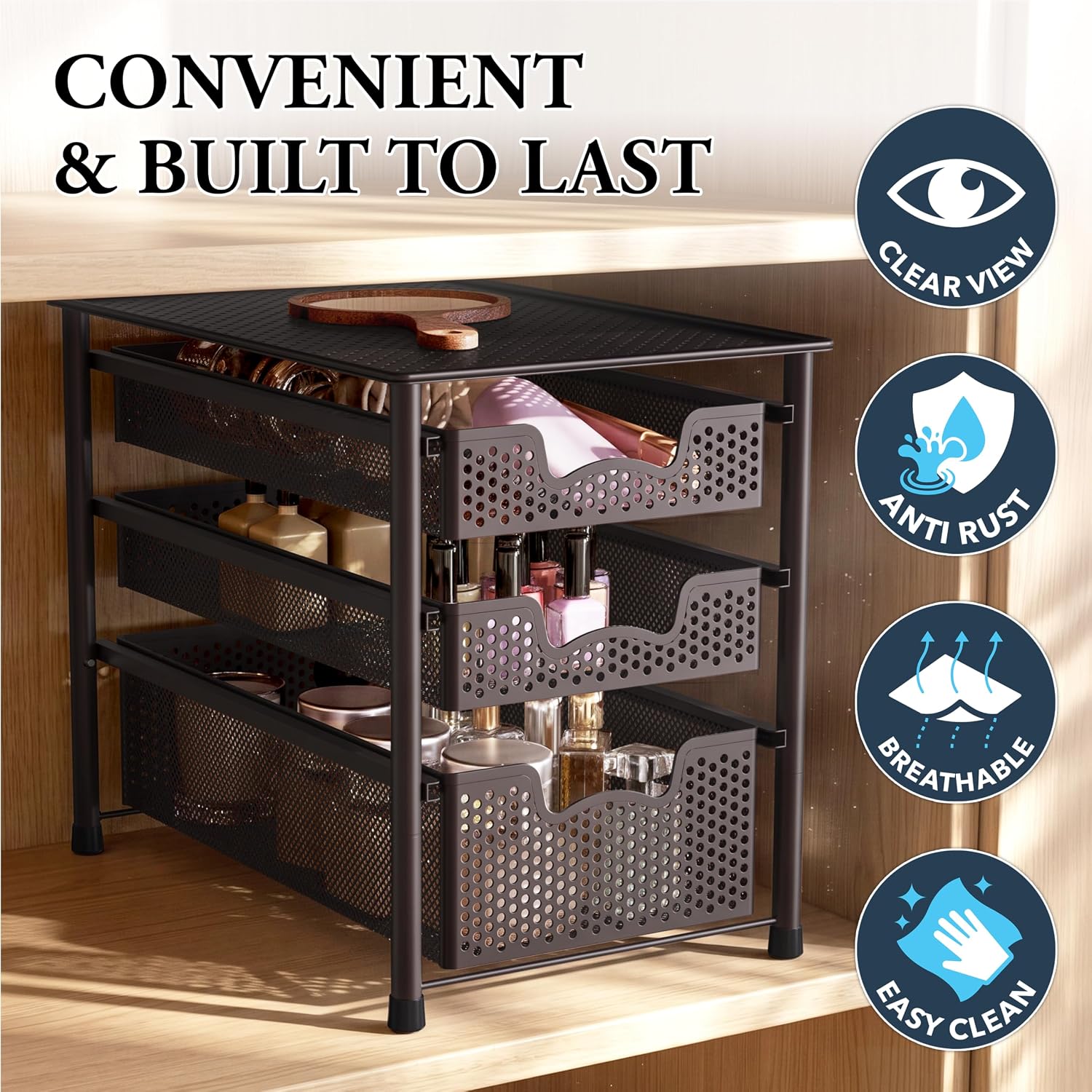 Simple Houseware Stackable 3 Tier Sliding Basket Organizer Drawer, Silver
