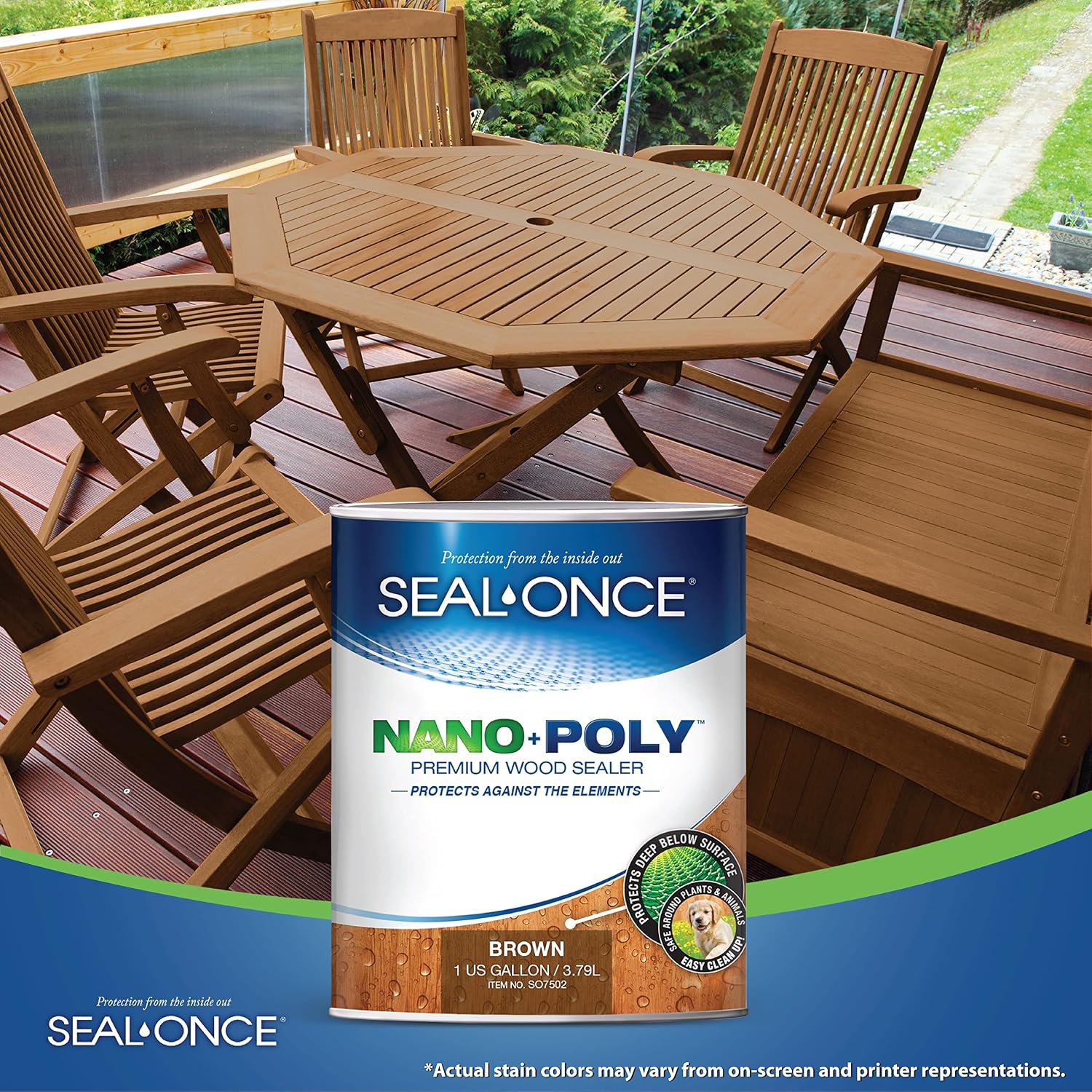 Seal-Once Nano+Poly Wood Sealer and Waterproofer, Clear, 1 Gallon | With Polyurethane, Water-based, Low-VOC, Waterproofer & Stain, For Decks, Fences & Log Homes