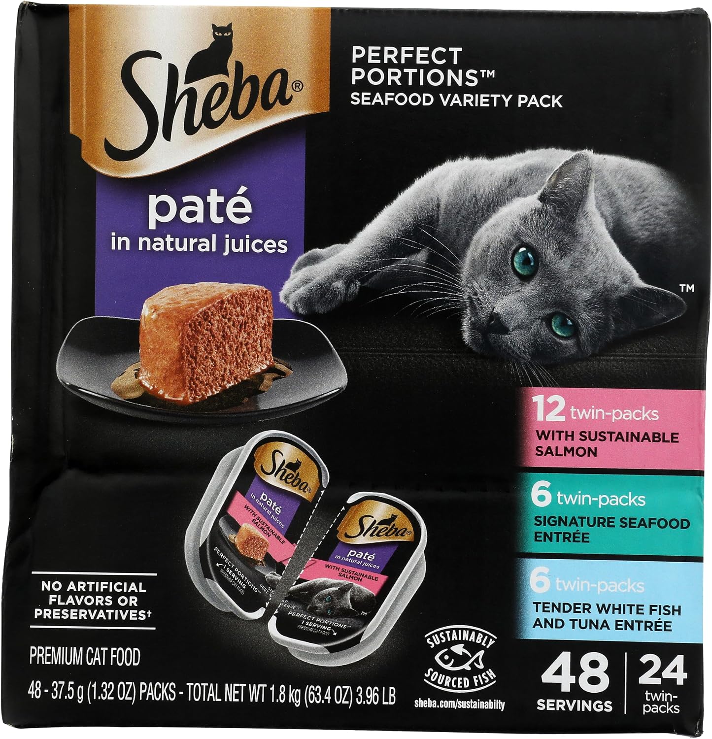 Sheba Perfect Portions Pate Wet Cat Food, Seafood Pack, 2.6 oz, 12 ct, 2pk | Grain-free, made in USA, Salmon & Whitefish-Tuna, 48 servings total, sustainable seafood, twin-pack trays