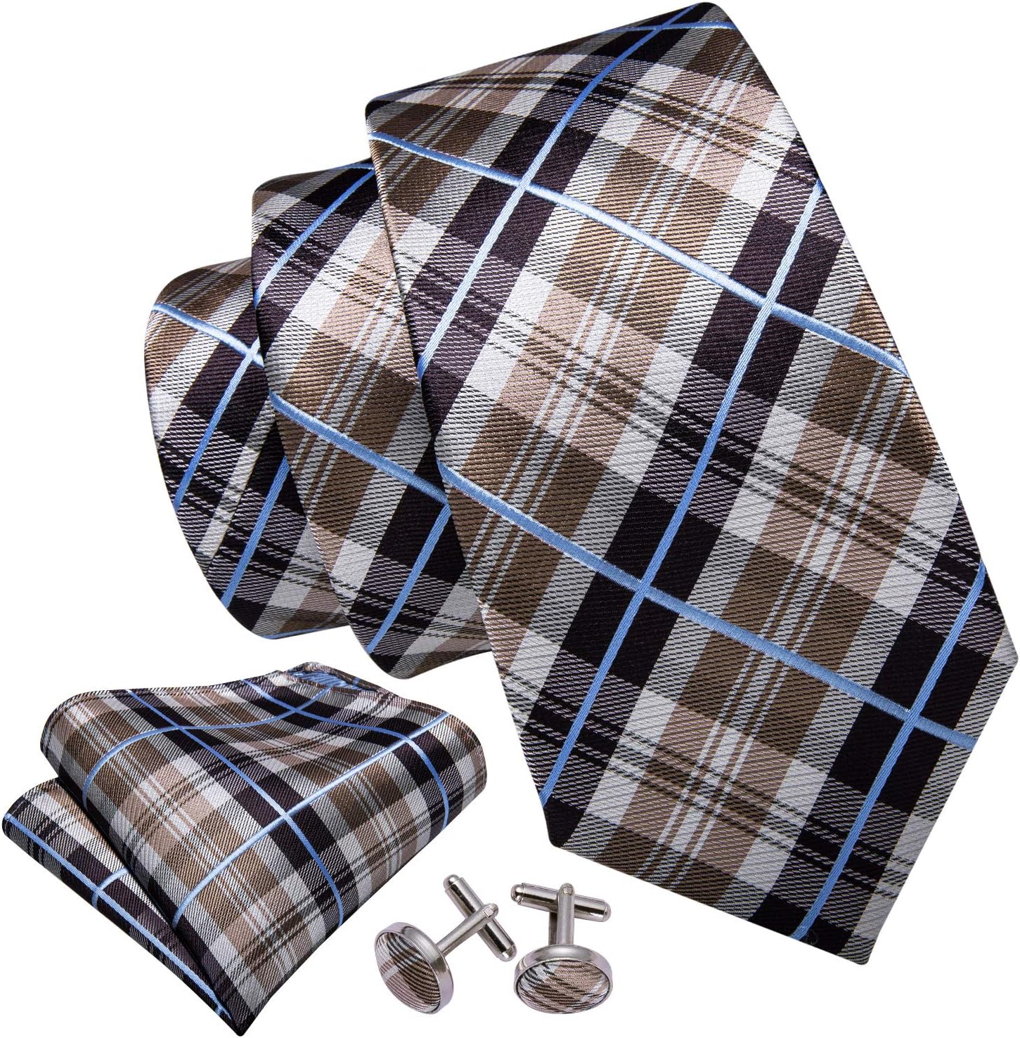 Barry.Wang Plaid Ties for Men Silk Necktie Handkerchief Cuff Links Set