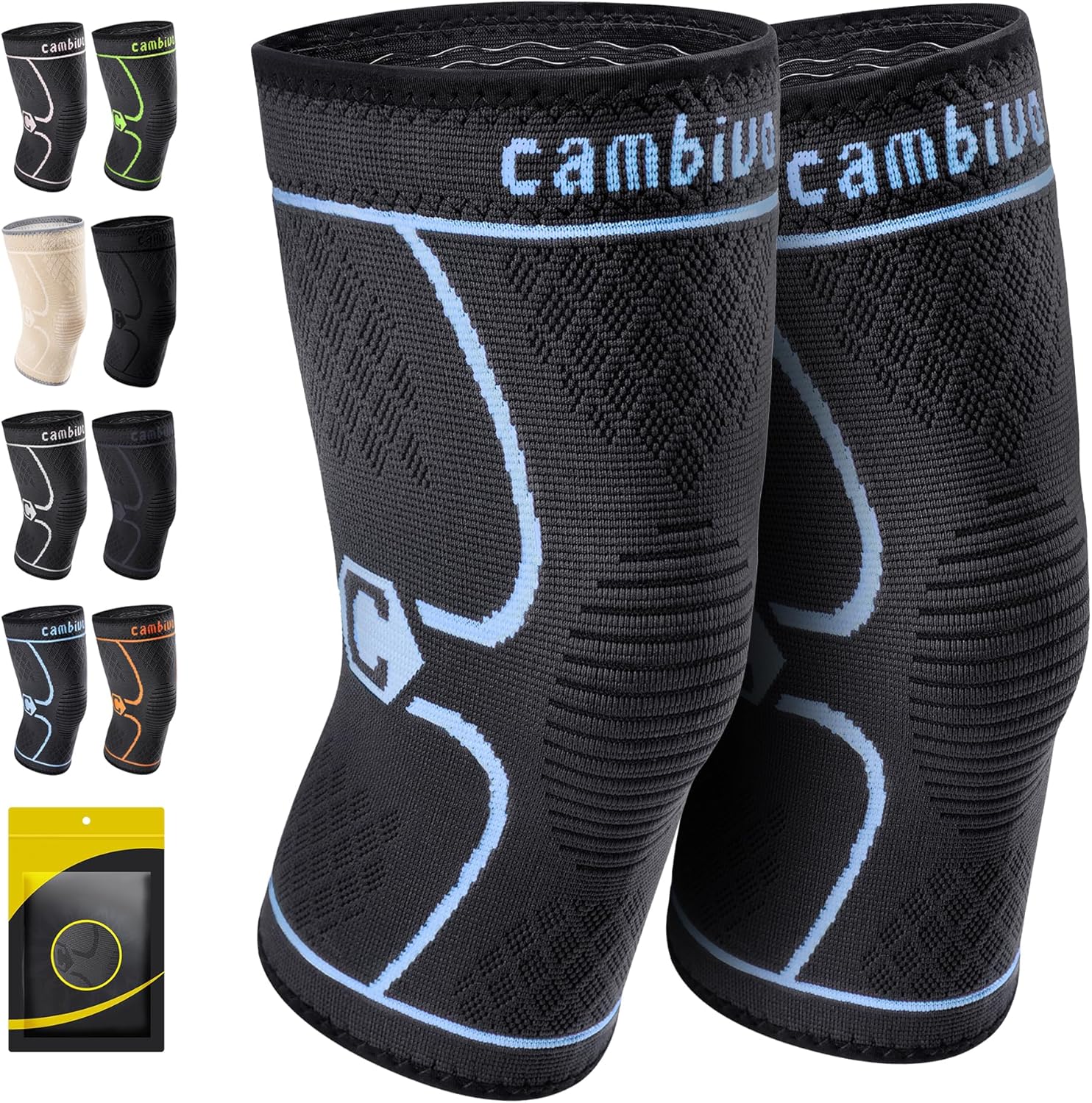 CAMBIVO 2 Pack Knee Braces for Women & Men, Knee Compression Sleeves for Knee Pain Relief, Knee Support with Non-Slip Silicone, Breathable, for Running, Workout, Weightlifting & Daily Use, Arthritis Support (Black, Medium)