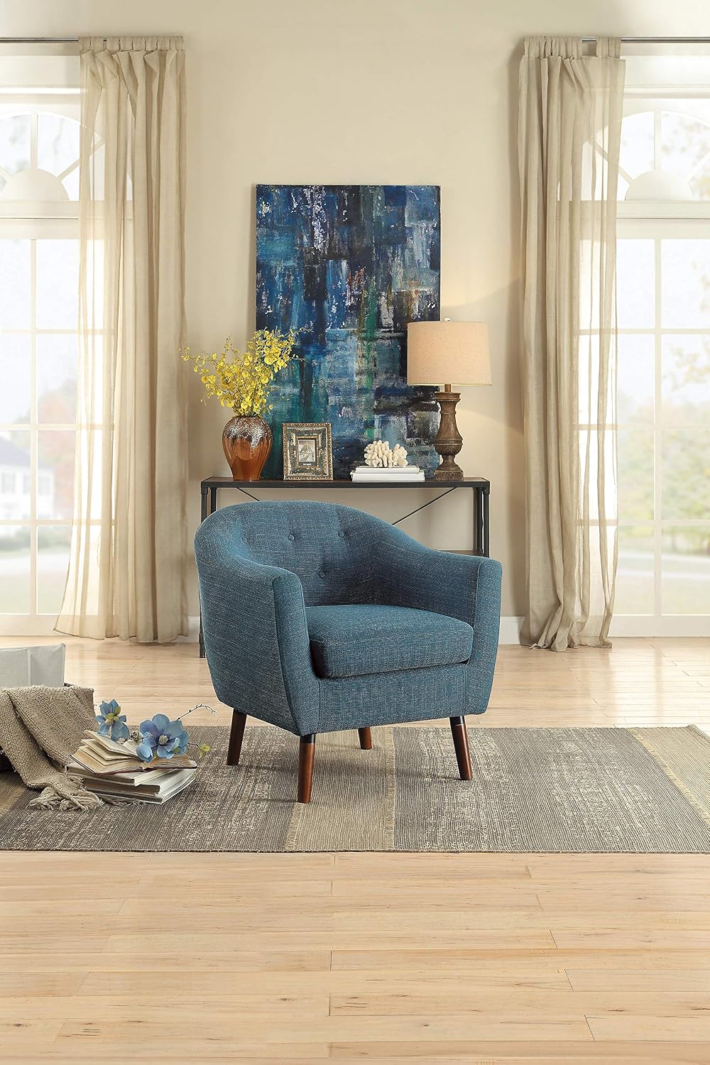 Homelegance Lucille Modern Accent Chair, Upholstered Reading Chair with Button-Tufted Back, Sloped Arms, Removable Seat Cushion Cover and Espresso Wood Legs, for Living Room, Bedroom or Office, Blue