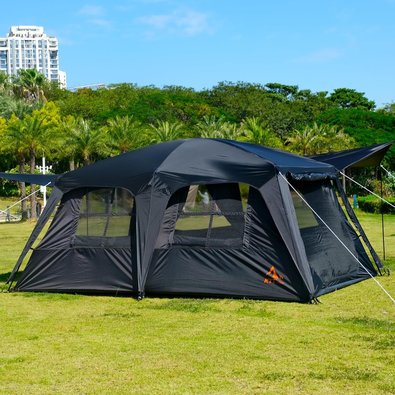 KTT Extra Large Tent 12-14 Person, Family Cabin Tents, 2 Rooms, Straight Wall, 2 Doors 4 Windows with Mesh, Waterproof, Double Layer
