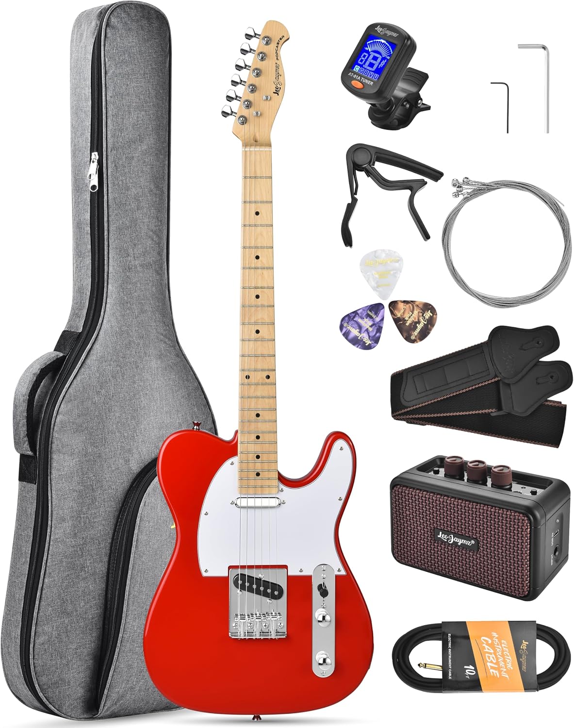 Leo Jaymz Beginner Electric Guitar Complete Kit with Portable Amp, Padded Gig Bag & Full Accessories, Maple Neck (TL-White)