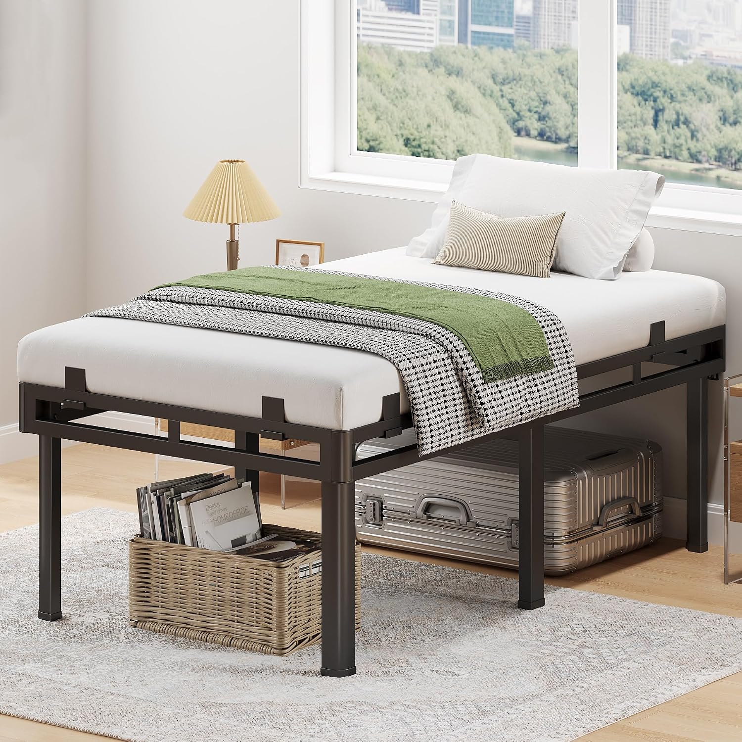 Superay 24 inch HIgh Queen Bed Frame with Rounded Legs, Double Layer Design | Metal Bed Frame & Box Spring 2 in 1 High Platform with Matress Gasket & headboard Adapter, Heavy Duty Support 4000lbs, Black