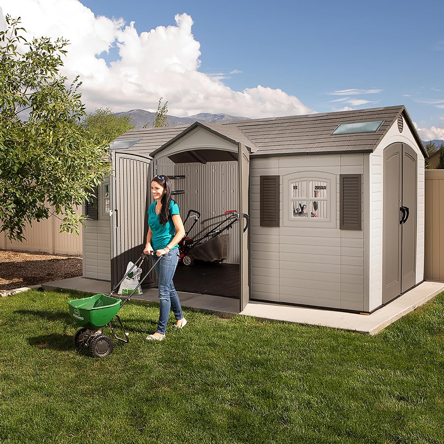 Lifetime 15×8 Ft Dual‑Entry Outdoor Storage Shed, Steel‑Reinforced, UV‑Protected, Weather‑Resistant Backyard Garden Shed with Skylights