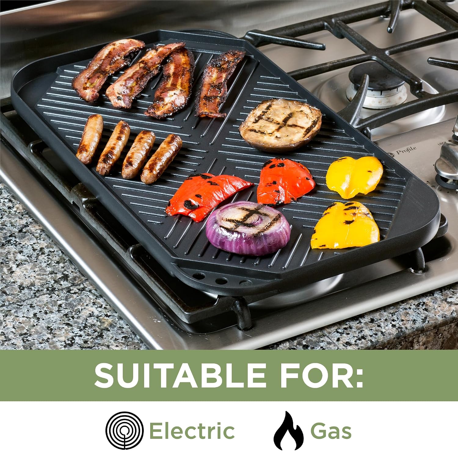 Ecolution Reversible Grill/Griddle Pan, Non-Stick, Dishwasher Safe, Double Burner Family Griddle Grill Pan Cookware, Cast Aluminum