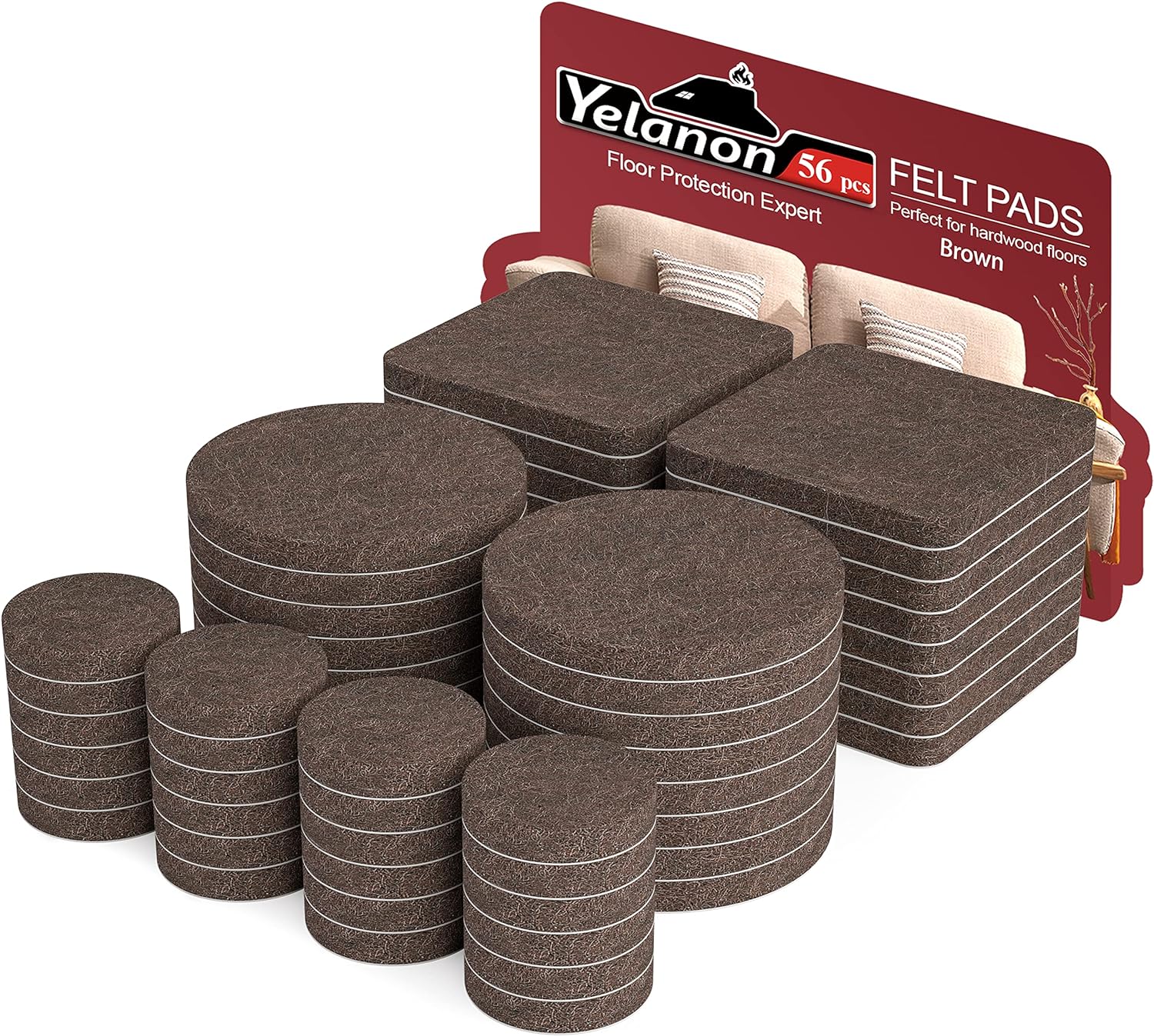 Yelanon Felt Furniture Pads 56 Pcs for Hardwood Floors Brown