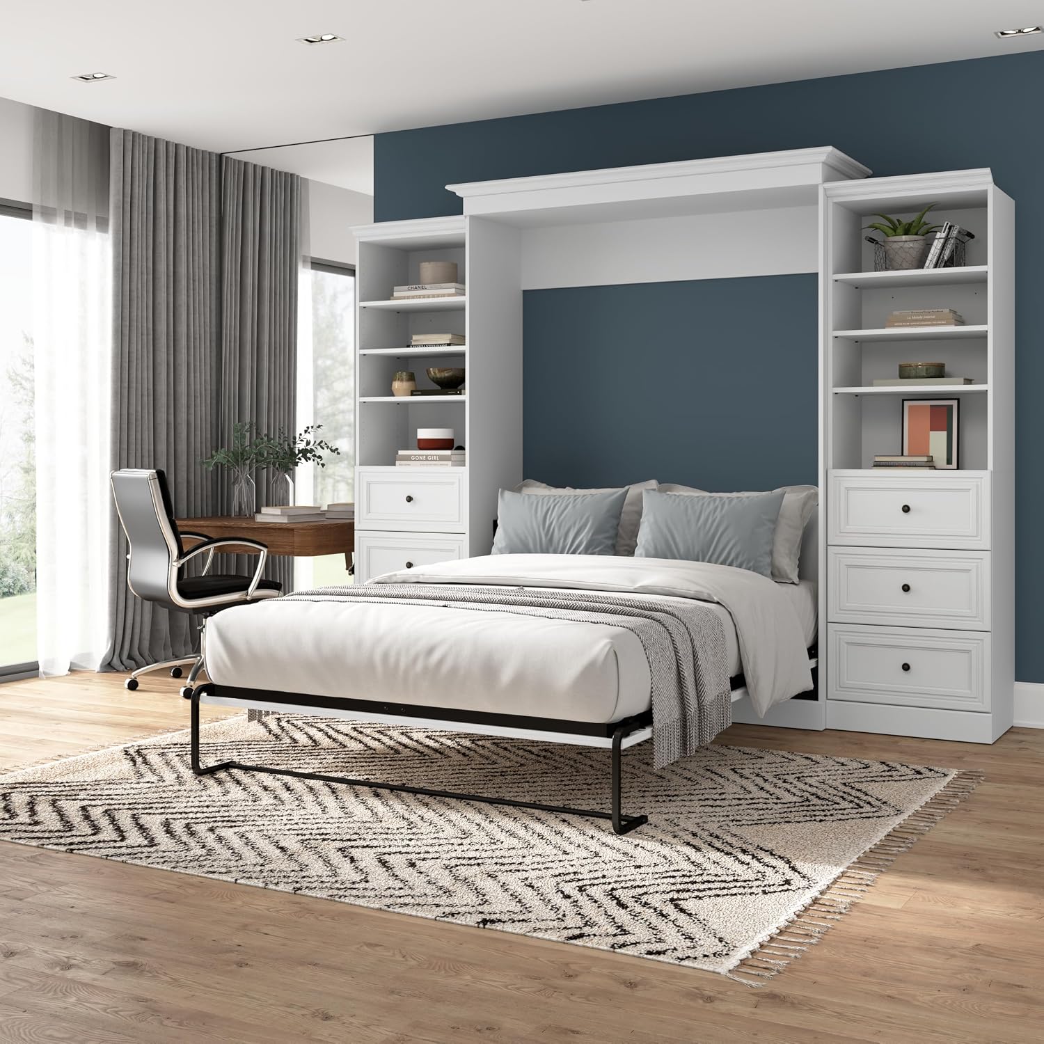 Bestar Versatile Queen Murphy Bed and 2 Closet Organizers with Drawers (115W) in White