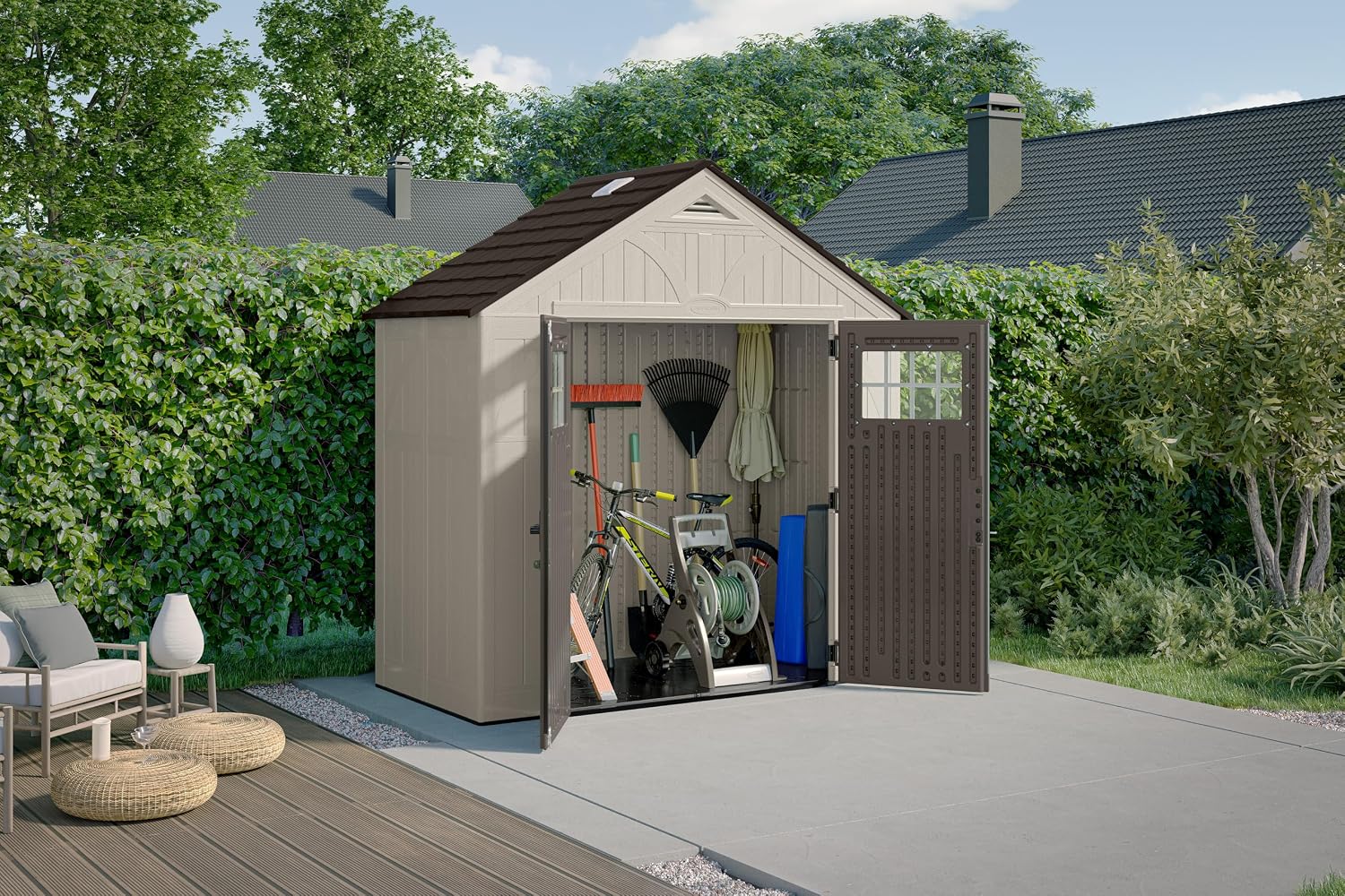 Suncast 8' x 4' Heavy-Duty Resin Tremont Storage Shed with Reinforced Floor, Skylights for Natural Light, Lockable Double Doors, Sand Finish